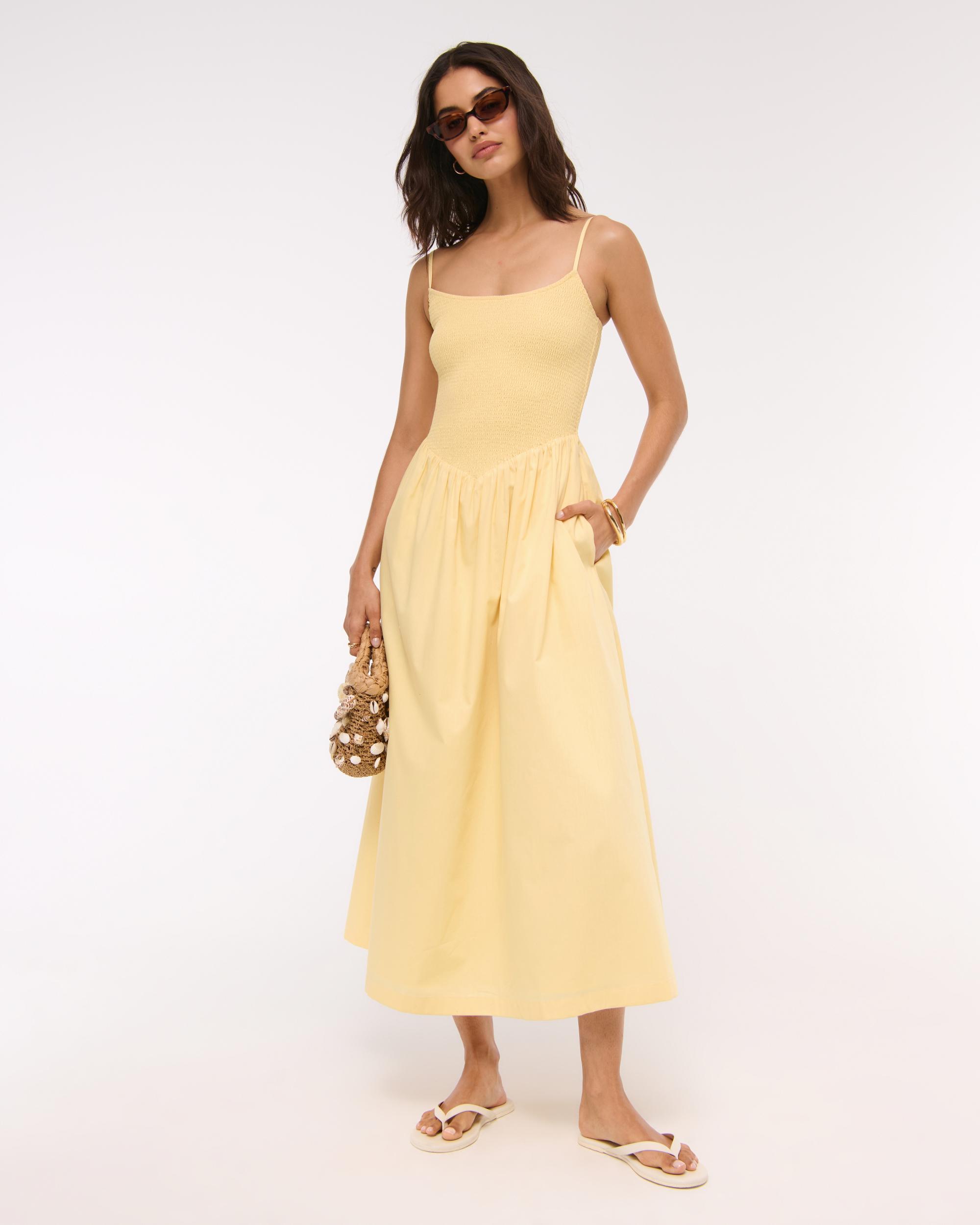 Dipped-Waist Smocked Midi Dress Product Image