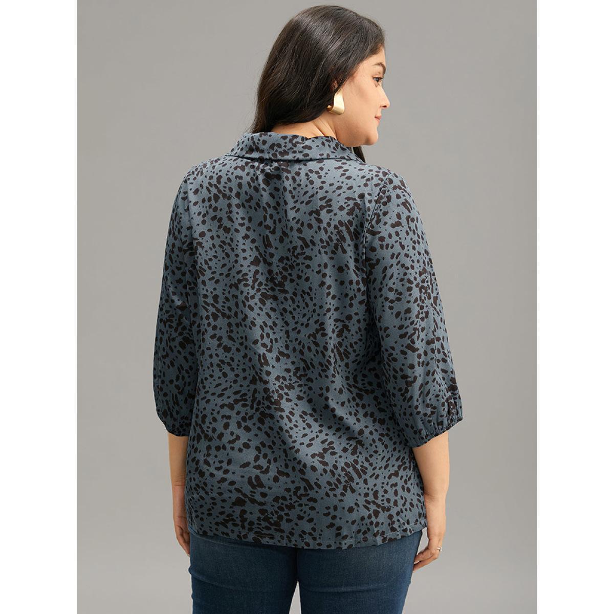Plus Size Stone Leopard Suit Collar Elastic Cuffs Button Through Blouse Women Office Elbow-length sleeve Suit Collar Work Blouses BloomChic 28/5X Product Image