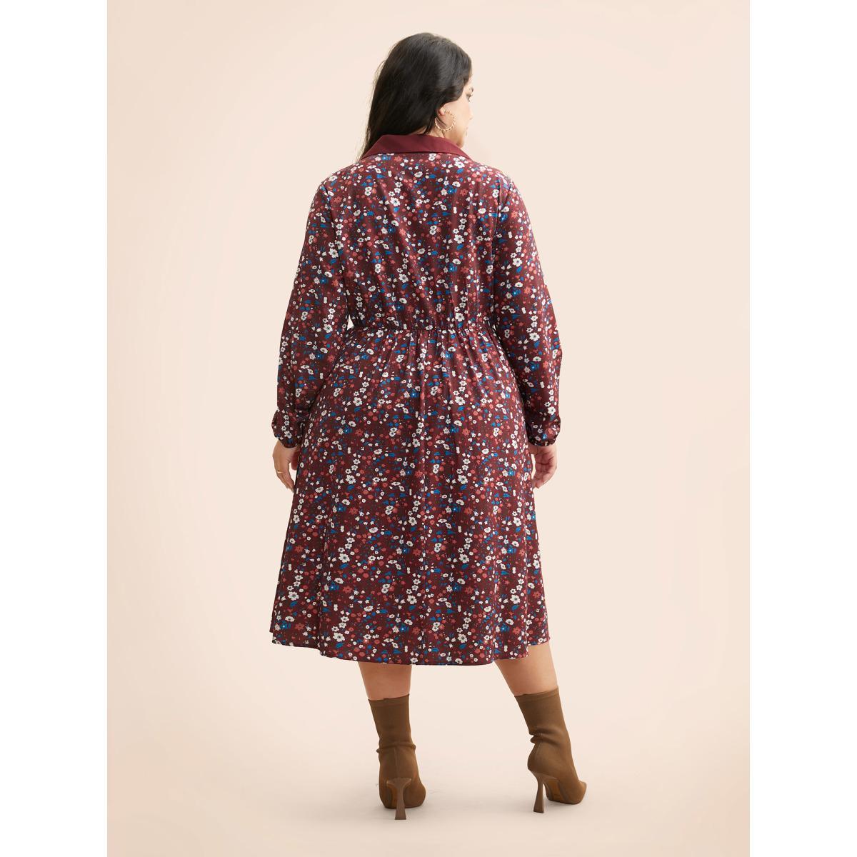 Plus Size Ditsy Floral Woven Ribbon Button Up Dress Burgundy Women Casual Woven ribbon&lace trim Shirt collar Extra Long Sleeve Curvy BloomChic 12/L Product Image