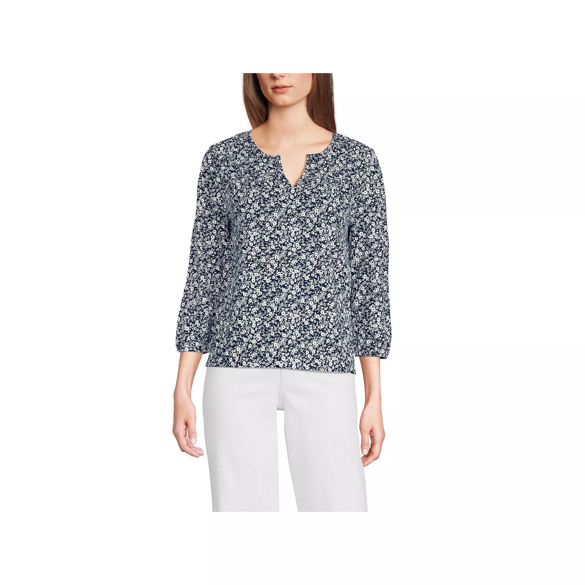 Women's Lands' End 3/4 Sleeve Slub Notch Neck Top, Size: Large, White Green Stripe Product Image