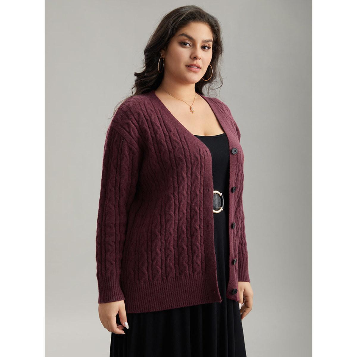 Plus Size Solid Cable Knit Button Fly Cardigan Burgundy Women Casual Loose Long Sleeve Everyday Cardigans BloomChic 12/L Product Image