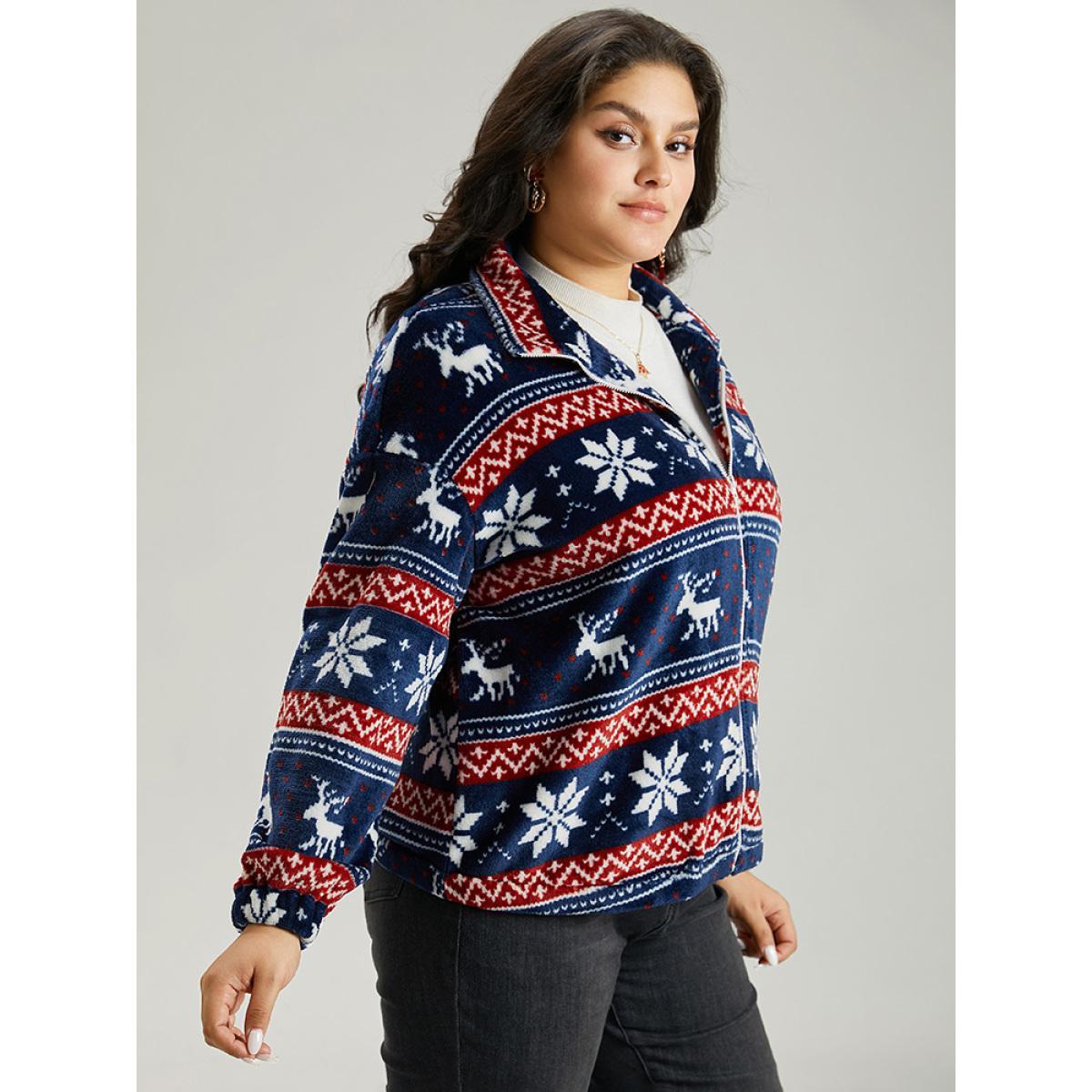 Plus Size Christmas Contrast Zipper Elastic Cuffs Jacket Women Indigo Elastic cuffs Dailywear Jackets BloomChic 10/M Product Image