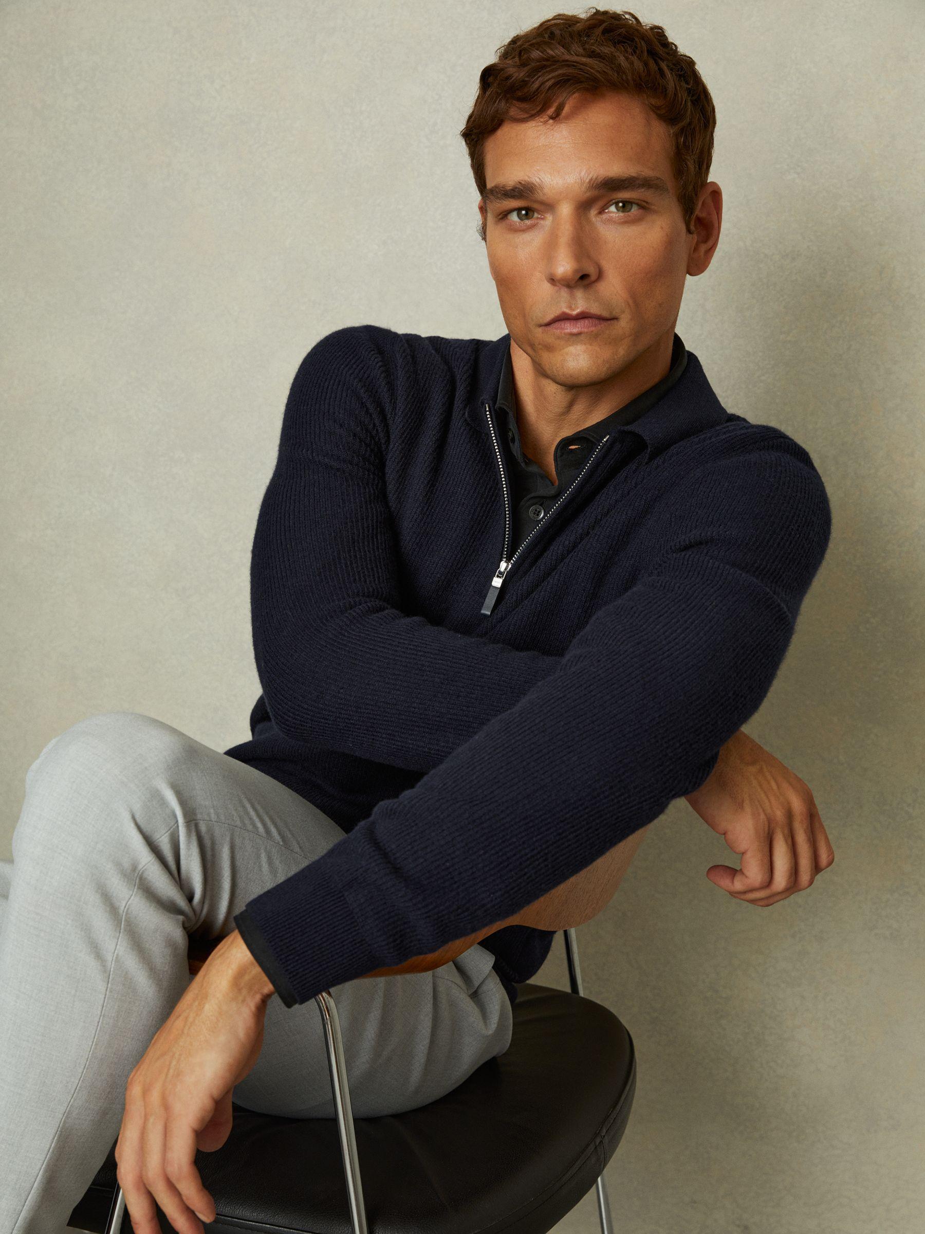 Wool Half-Zip Polo Shirt in Navy Blue Product Image