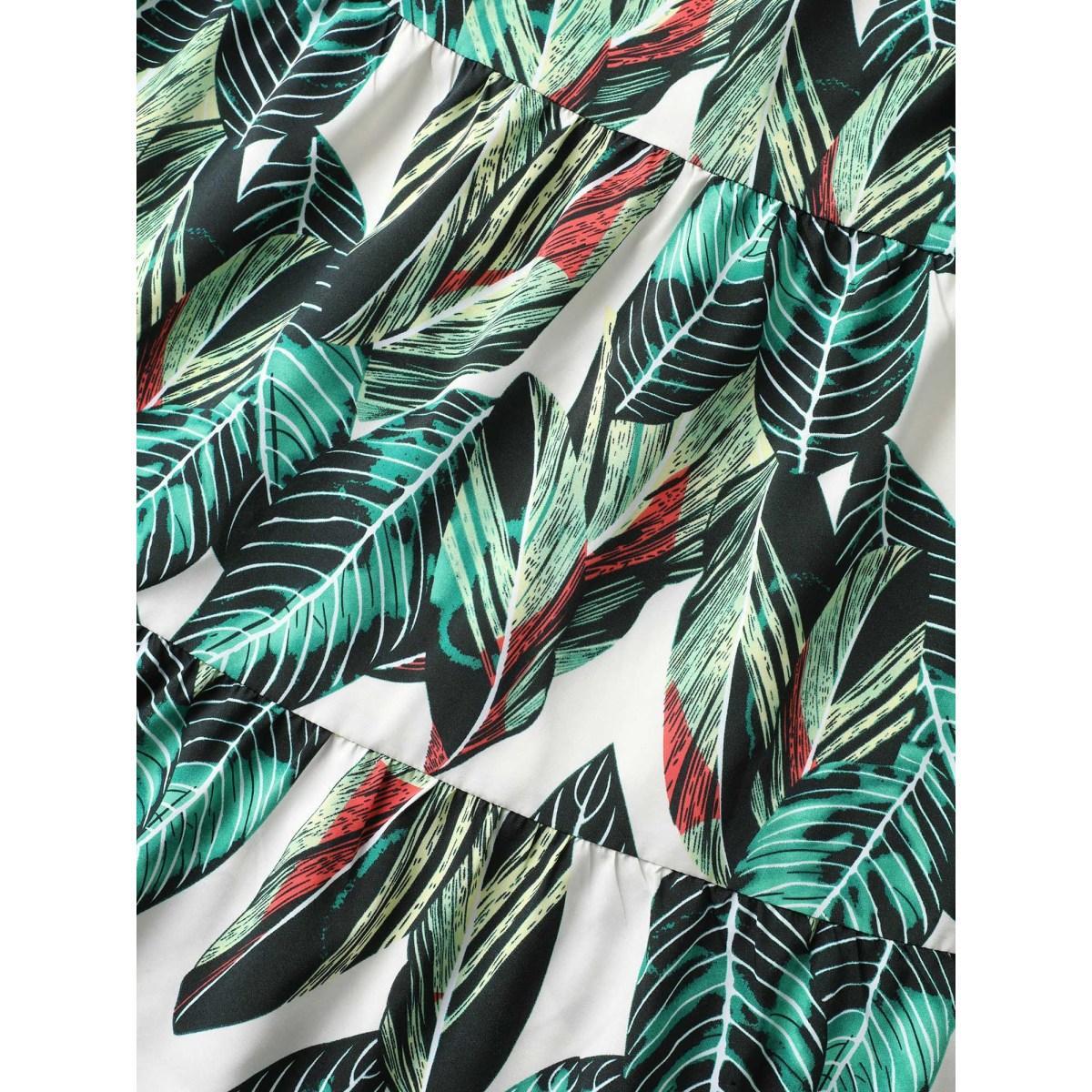 Plus Size Tropical Floral Pattern Tiered Midi Skirt Women Emerald Elegant Bodycon Low stretch Side seam pocket Belt Everyday Skirts BloomChic 28/5X Product Image