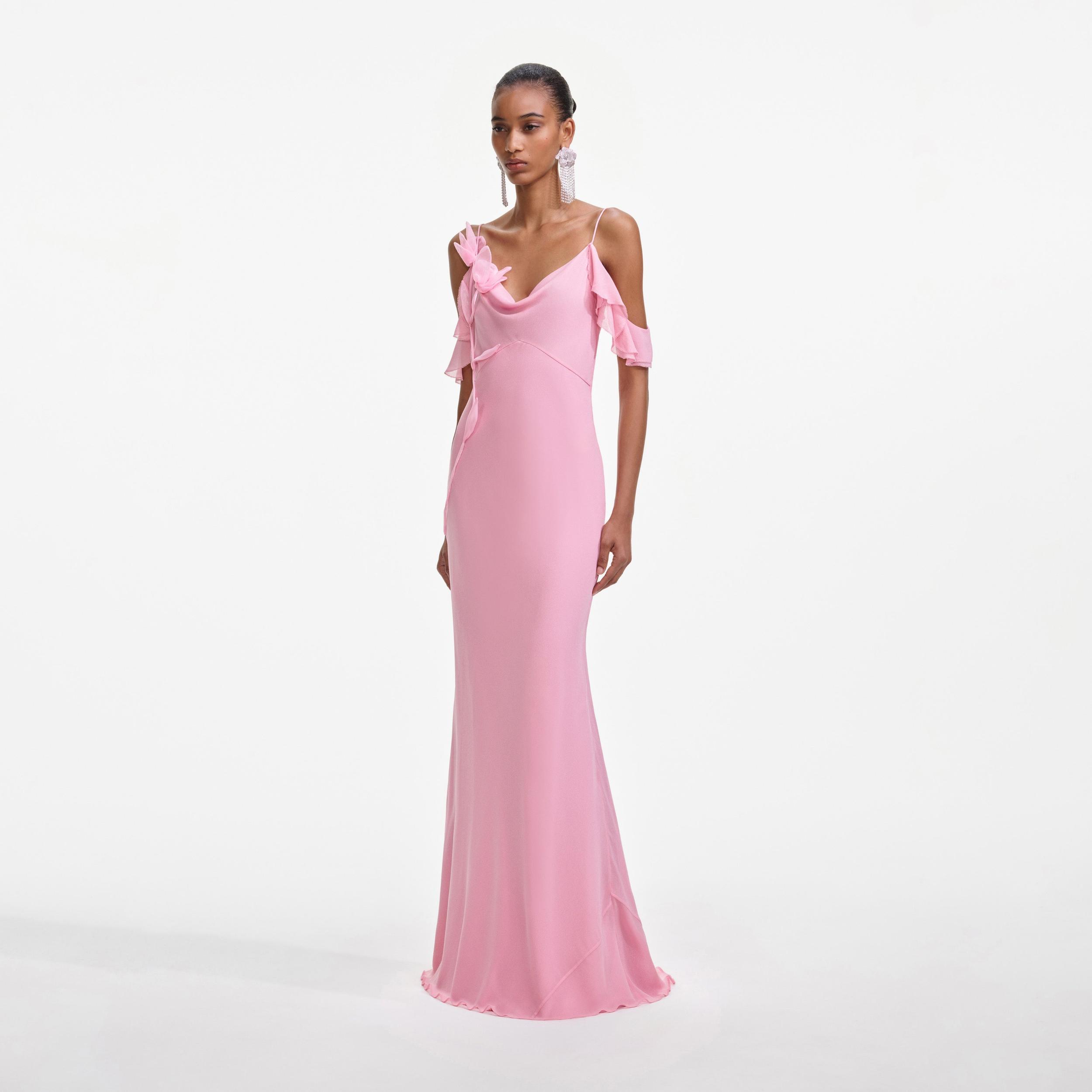 Pink Georgette Flower Maxi Dress Product Image