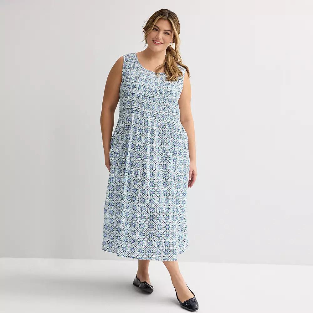 Plus Size Croft & Barrow® Smocked Midi Dress, Women's, Size: 4XL, White Blue Tile Block Product Image
