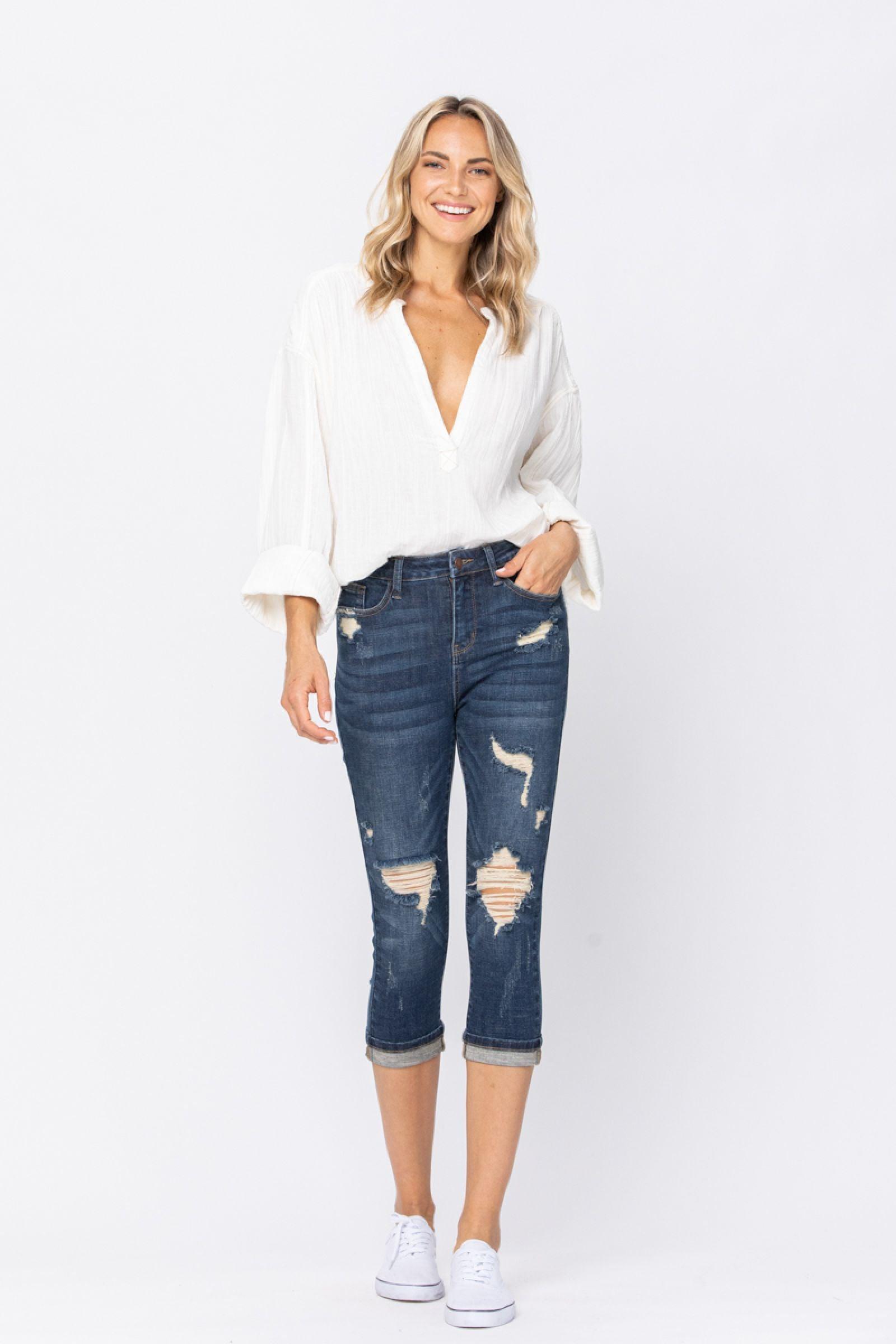 Chevelle Hi-Rise Cuffed Distressed Judy Blue Capri Jeans Product Image