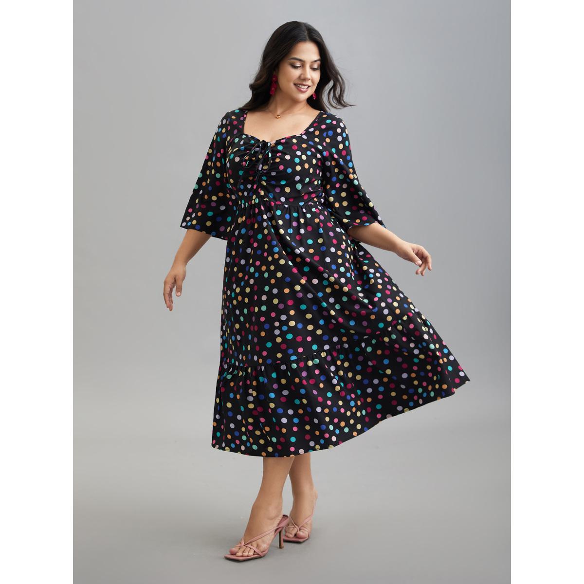 Plus Size Multi-Color Dots Sweetheart Neckline Midi Dress Multicolor Women Elegant Drawstring Heart neckline Elbow-length sleeve Curvy BloomChic 22-24/3X Product Image