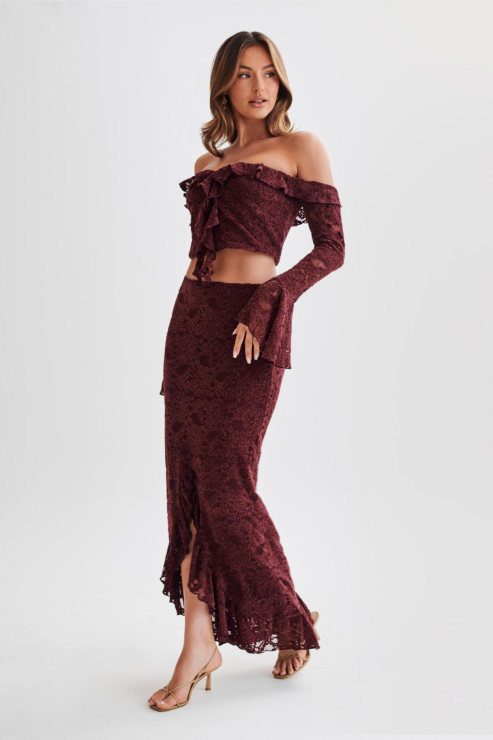 Artemis Lace Plisse Off Shoulder Top - Plum Product Image