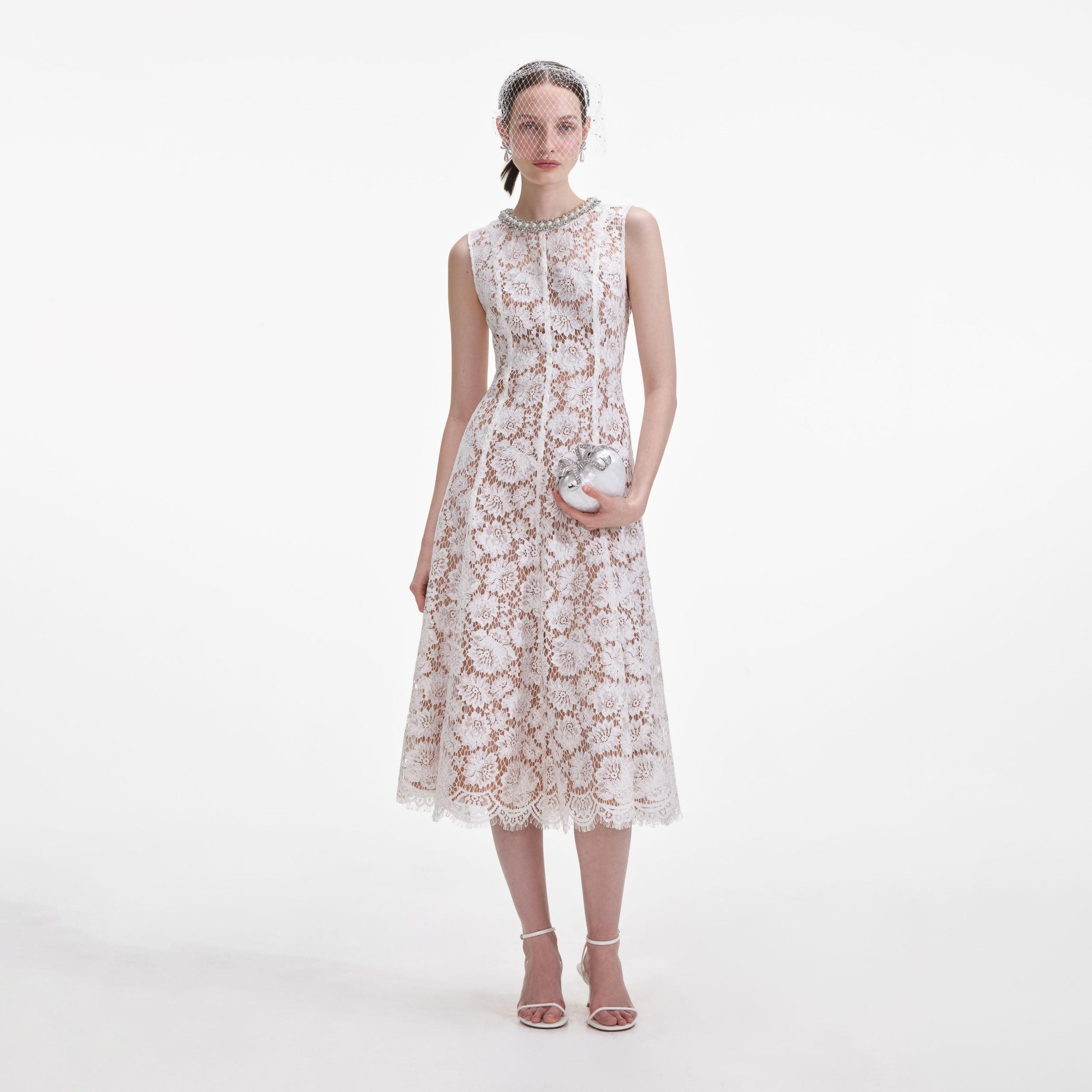 White Fine Lace Pearl Midi Dress Product Image