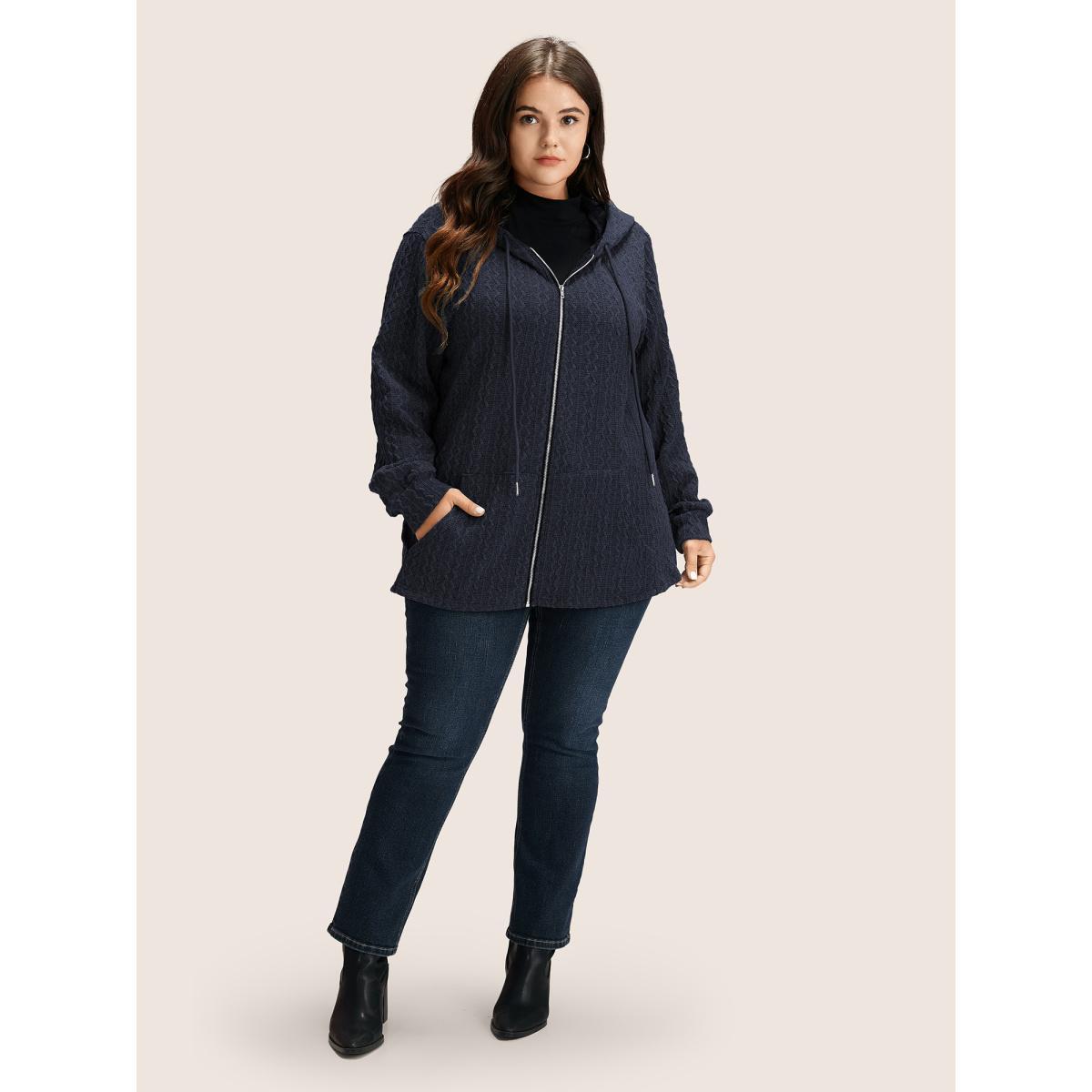 Plus Size Plain Textured Zipper Hooded Sweatshirt Women DarkBlue Casual Non Hooded Everyday Sweatshirts BloomChic 14-16/1X Product Image