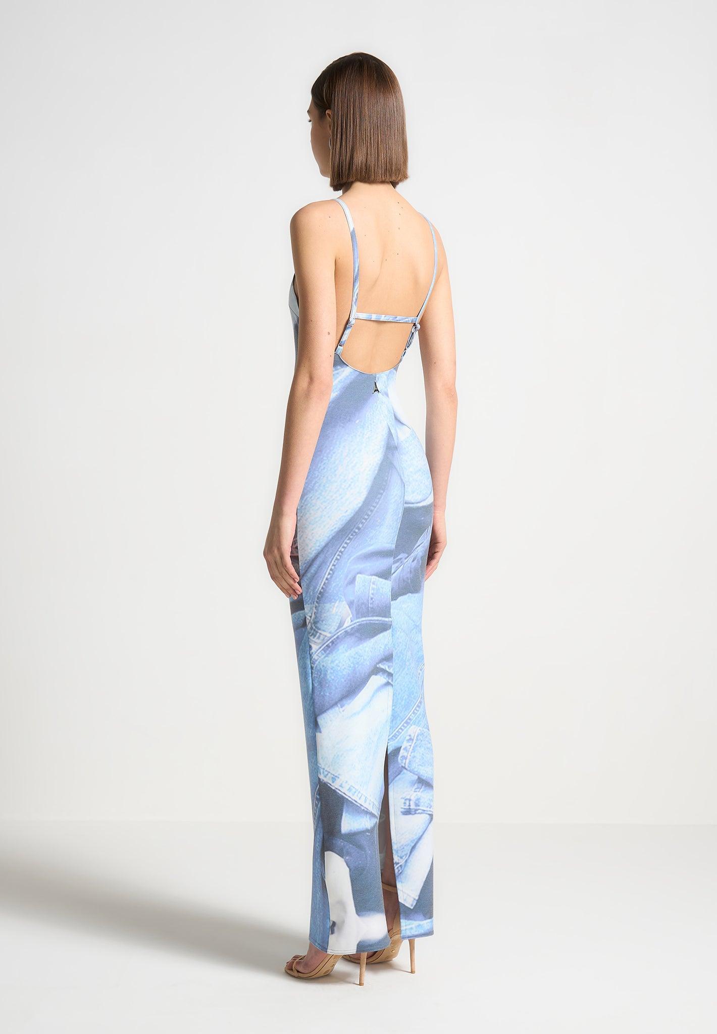 Printed Denim Effect Maxi Dress - Blue Female Product Image