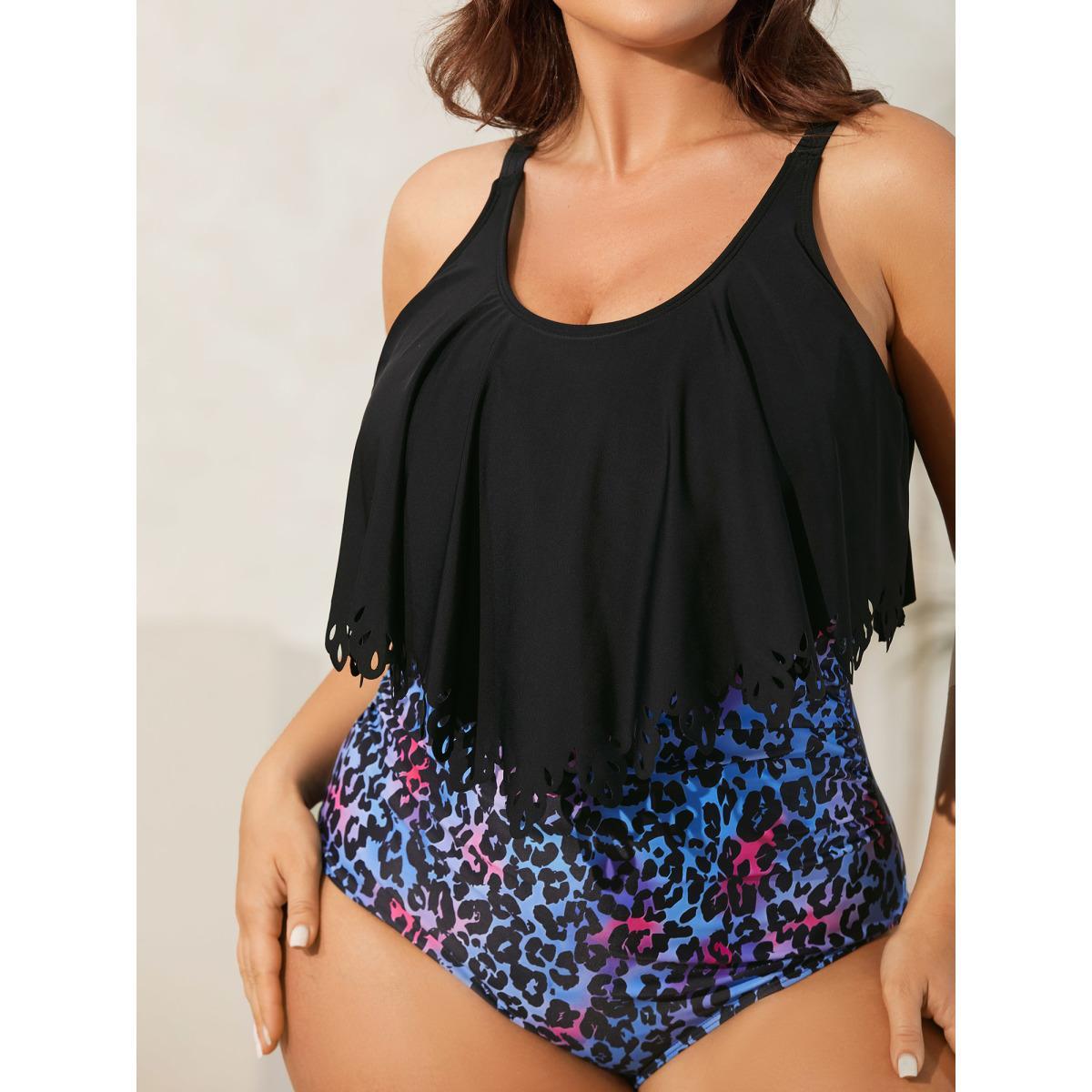 Plus Size Leopard Print Laser Cut Pleated One-Piece Swimsuit Women's Swimwear Black Beach Laser Curve Bathing Suits High stretch One Pieces BloomChic 12/L Product Image