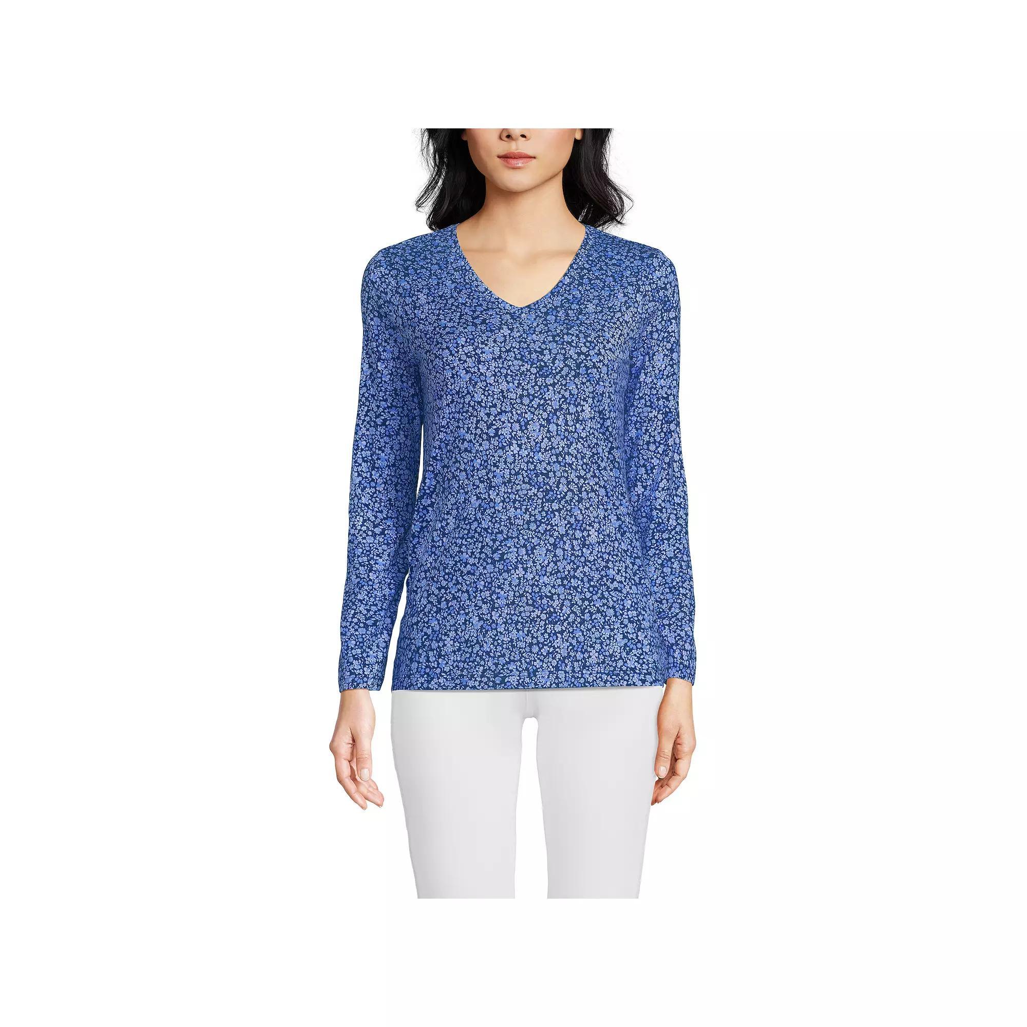 Women's Lands' End Relaxed-Fit Supima Long Sleeve Cotton V-Neck Tee, Size: Small, Deep Blue Flowers Product Image