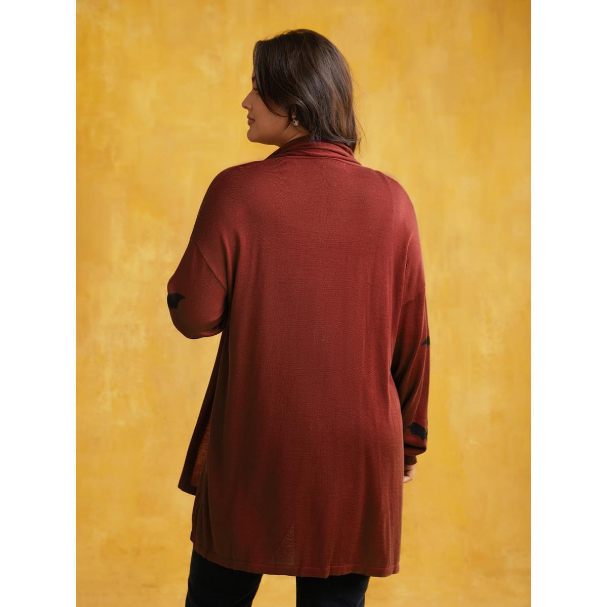 Plus Size Supersoft Essentials Halloween Bat Pattern Lapel Collar Cardigan Rust Women Casual Loose Long Sleeve Festival-Halloween Cardigans BloomChic 14-16/1X Product Image