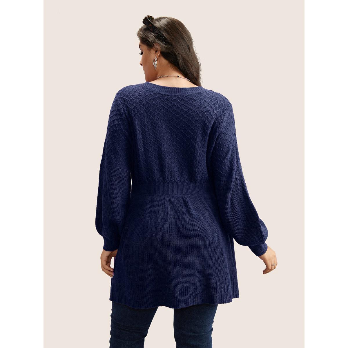 Plus Size Plain Plisse Lantern Sleeve A Line Pullover Indigo Women Elegant Long Sleeve V-neck Everyday Pullovers BloomChic 22-24/3X Product Image