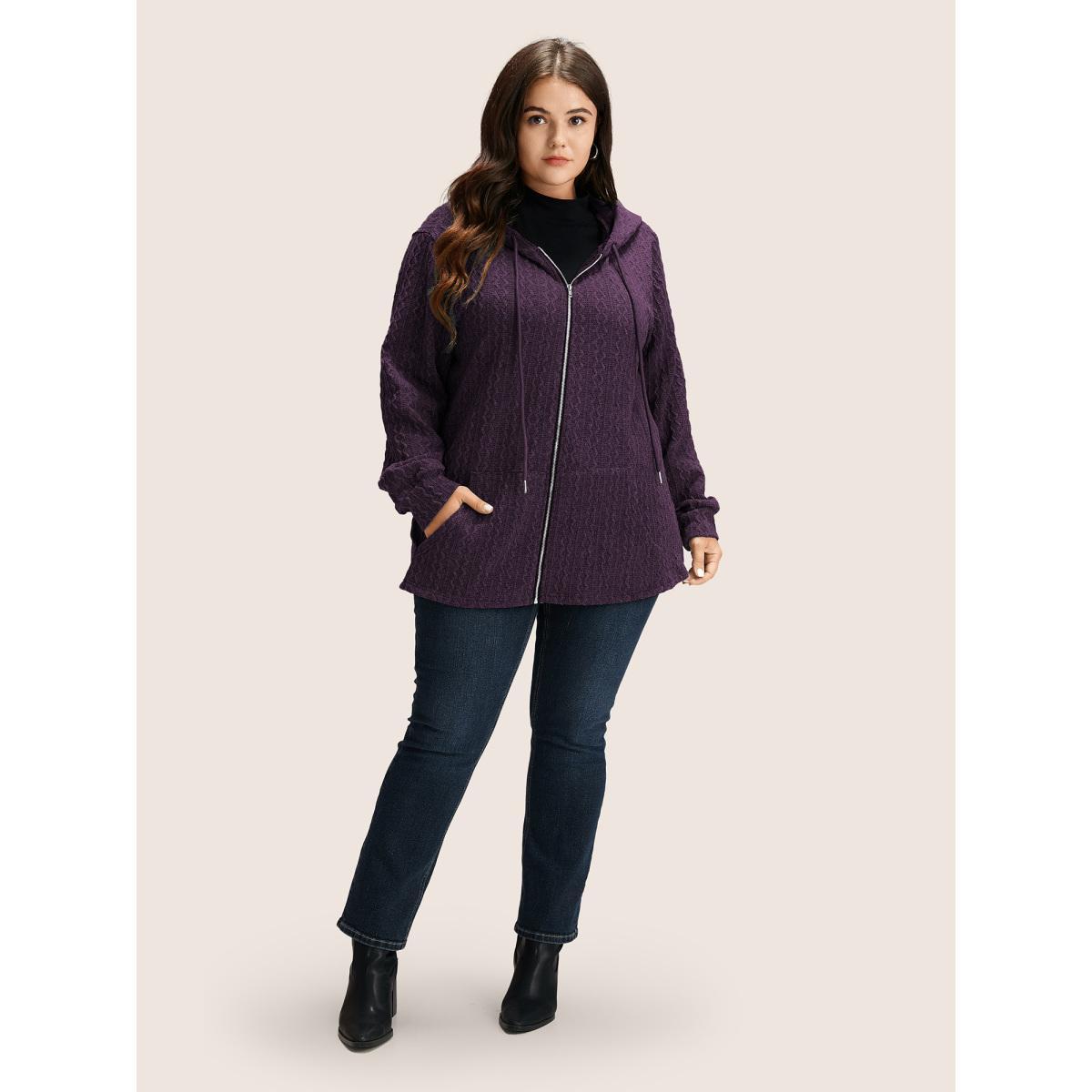 Plus Size Plain Textured Zipper Hooded Sweatshirt Women Eggplant Casual Non Hooded Everyday Sweatshirts BloomChic 18-20/2X Product Image