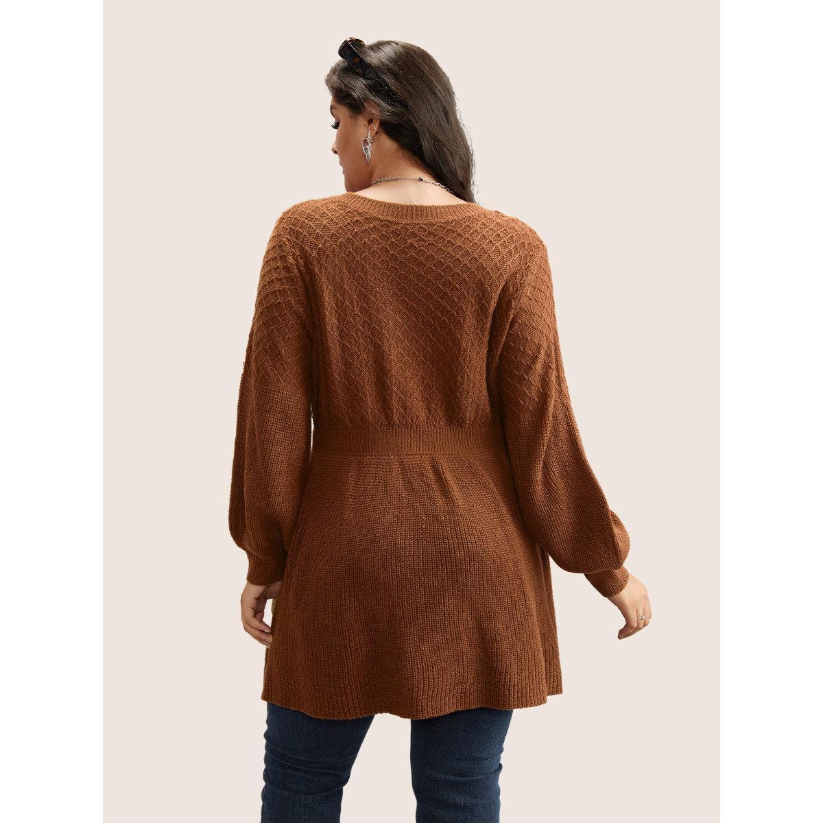 Plus Size Plain Plisse Lantern Sleeve A Line Pullover Chocolate Women Elegant Long Sleeve V-neck Everyday Pullovers BloomChic 14-16/1X Product Image