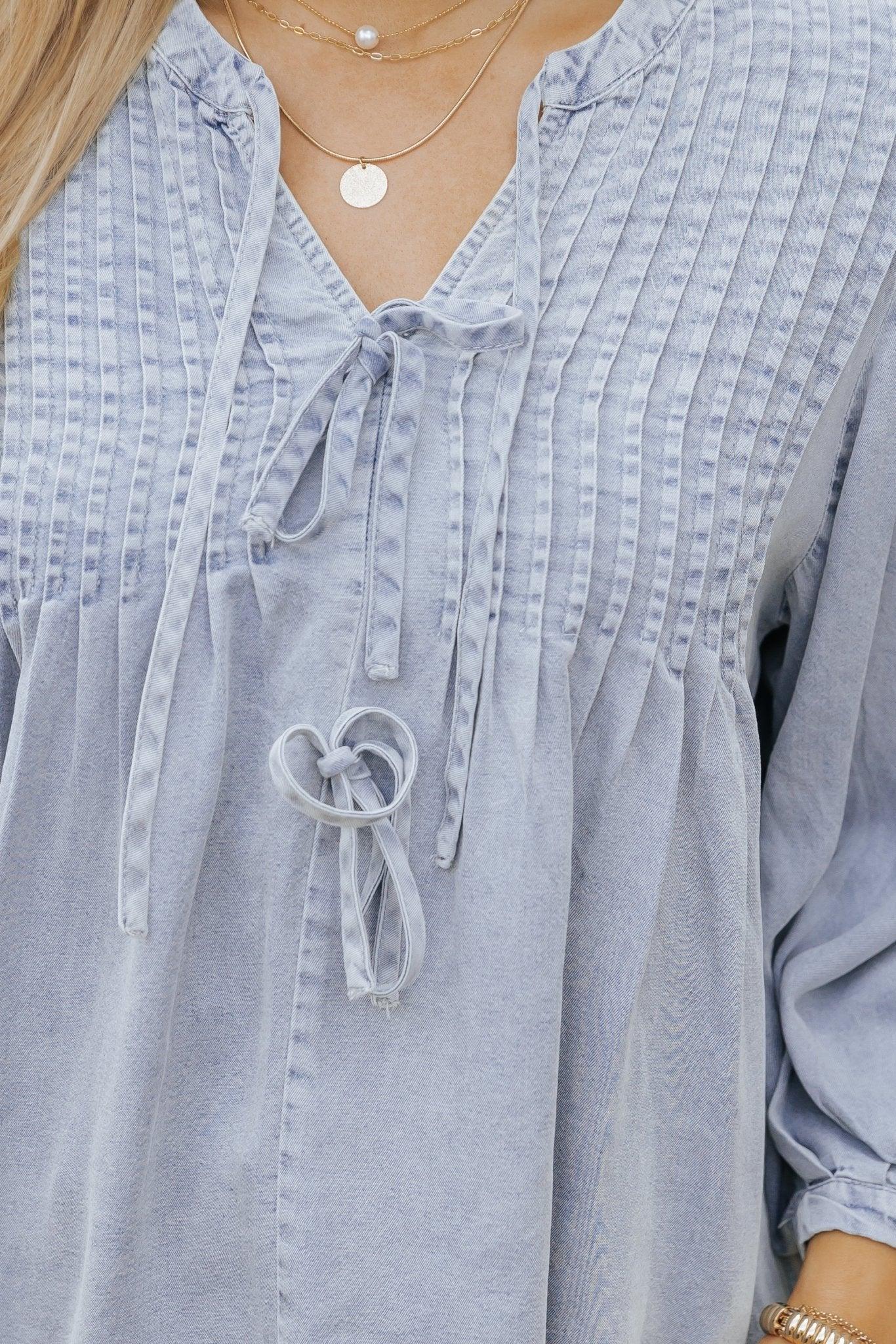 Denim Tie Detail Textured Top - FINAL SALE Female Product Image