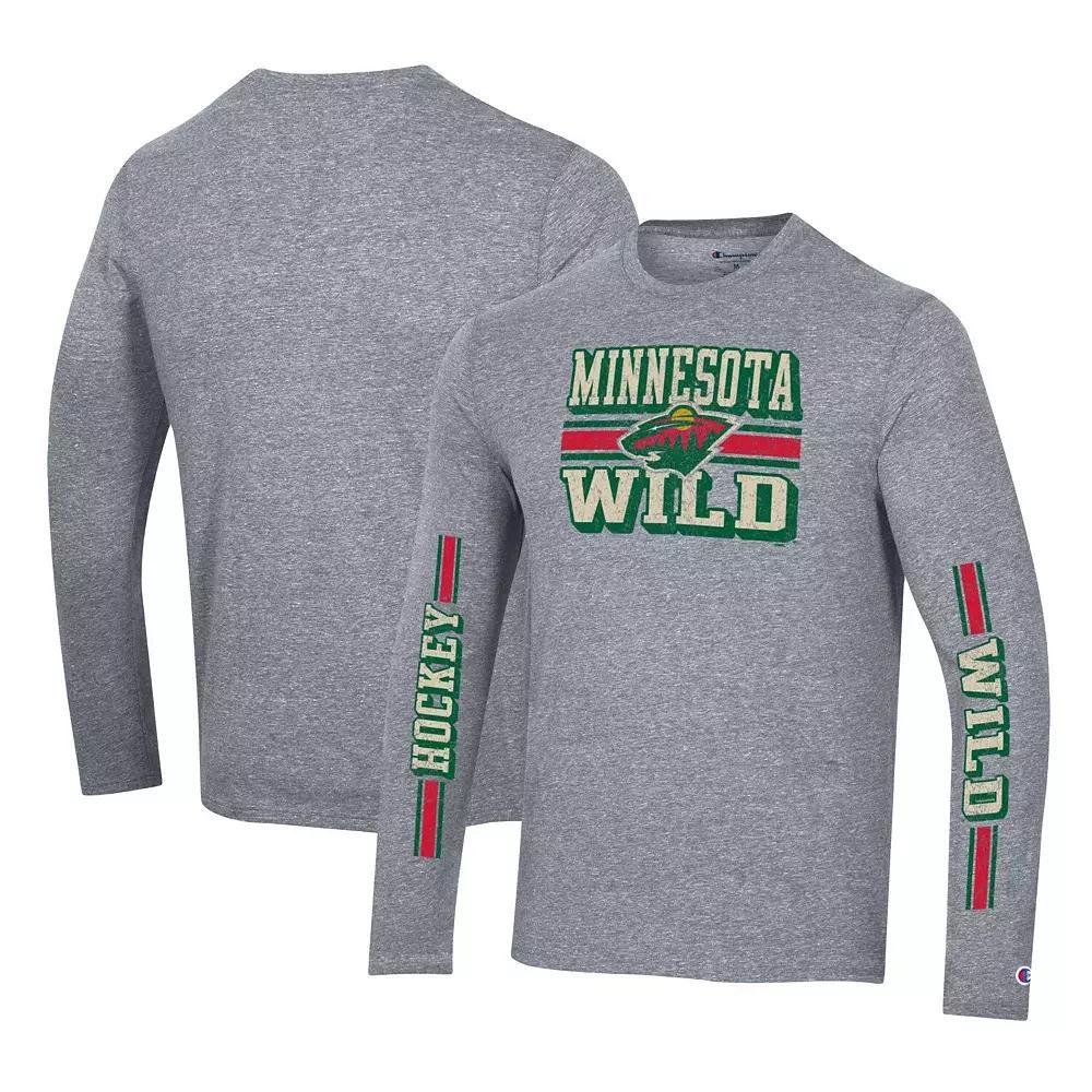 Men's Champion Heather Gray Minnesota Wild Tri-Blend Dual-Stripe Long Sleeve T-Shirt, Size: Medium, Grey Product Image