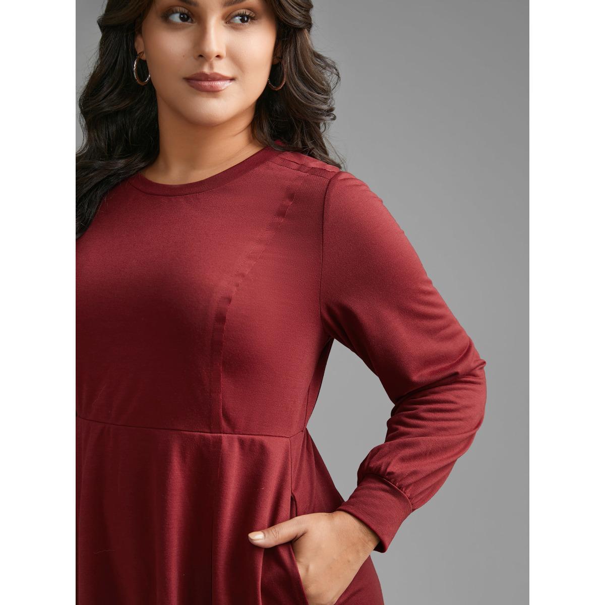 Plus Size Solid Round Neck Midi Knit Dress Burgundy Women Casual Non Knit Dresses Bloomchic 30/6X Product Image
