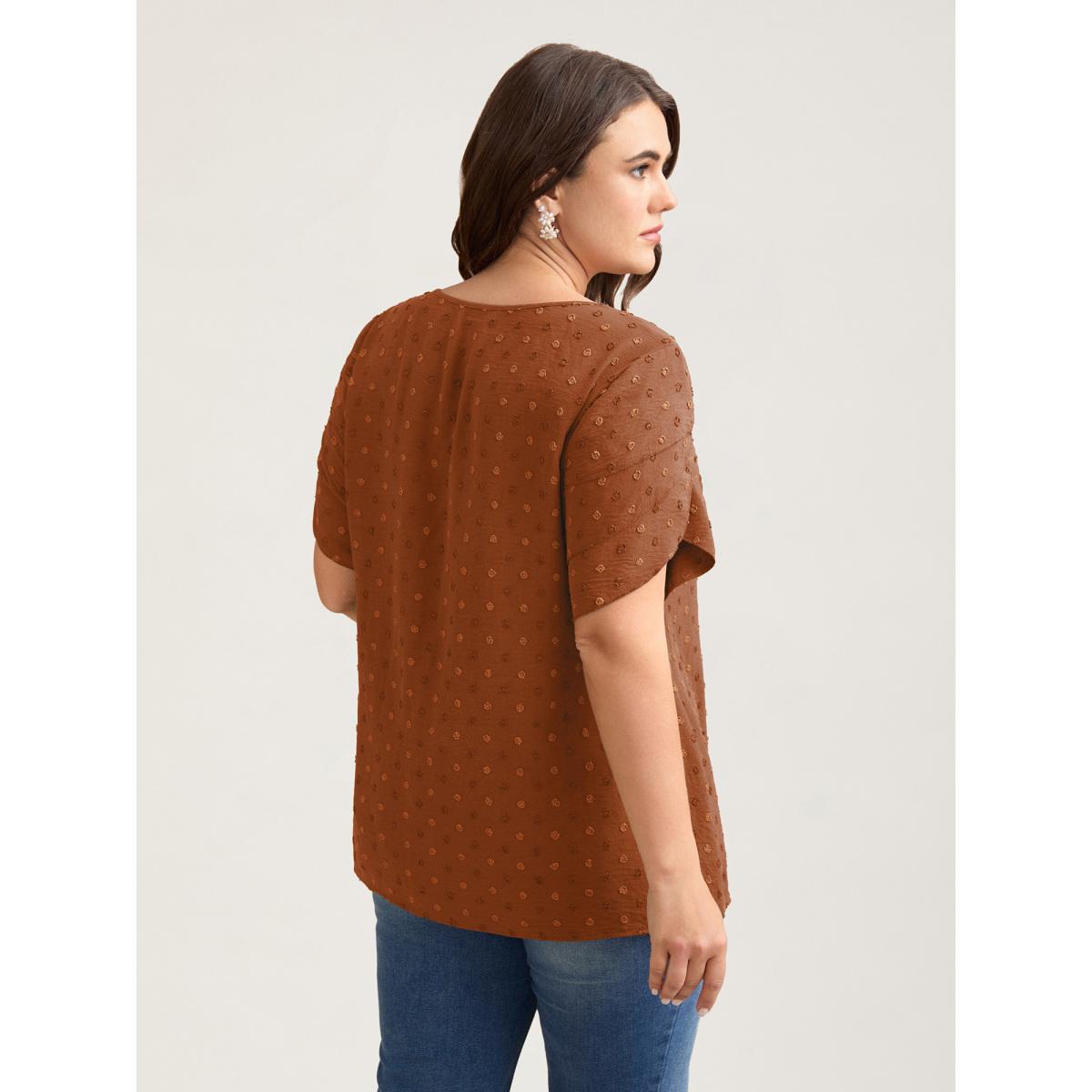 Plus Size Browncoffeecolor Textured Color Contrast Petal Sleeve Blouse Women Elegant Short sleeve Round Neck Everyday Blouses BloomChic 10/M Product Image