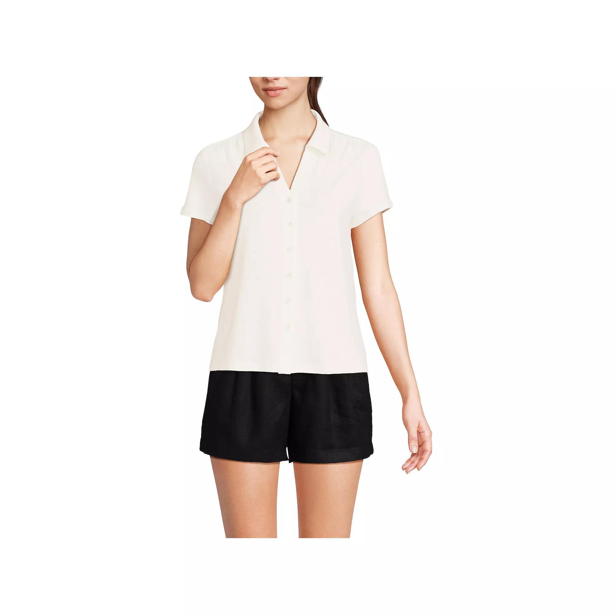 Women's Lands' End Short Sleeve Button Front Polo, Size: Small, Ivory Product Image