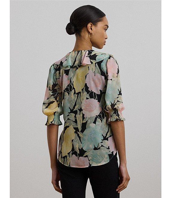 Lauren Ralph Lauren Floral Crinkle Georgette V-Neck Ruffle Trim Blouse Product Image