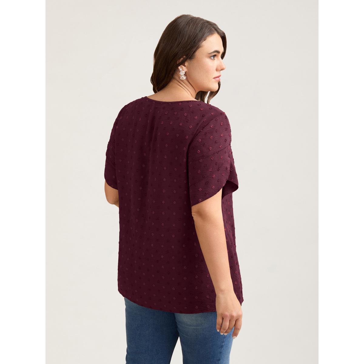 Plus Size Burgundy Textured Color Contrast Petal Sleeve Blouse Women Elegant Short sleeve Round Neck Everyday Blouses BloomChic 18-20/2X Product Image