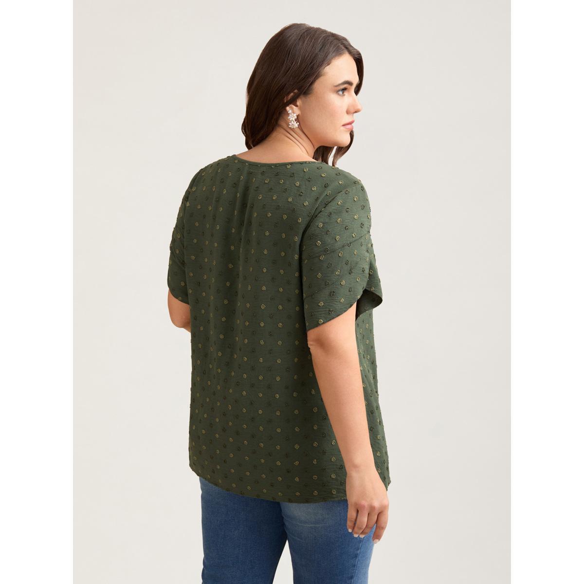 Plus Size ArmyGreen Textured Color Contrast Petal Sleeve Blouse Women Elegant Short sleeve Round Neck Everyday Blouses BloomChic 28/5X Product Image