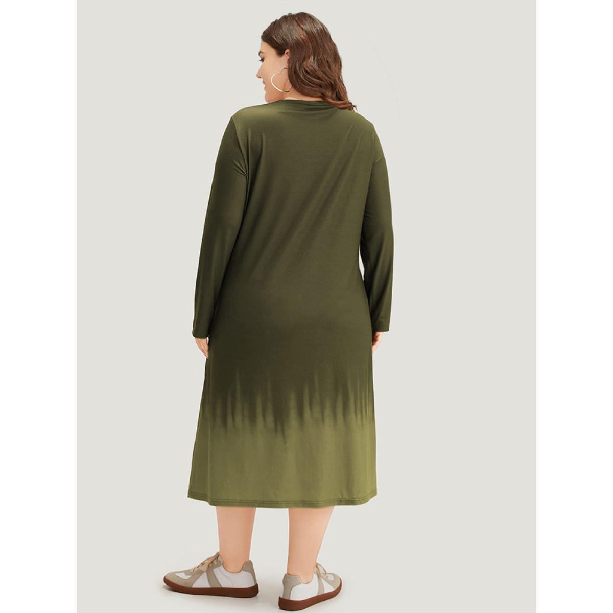Plus Size Tie Dye Pocket Round Neck Cut Out Dress ArmyGreen Women Casual Tie Dye Round Neck Long Sleeve Curvy Midi Dress BloomChic 30/6X Product Image