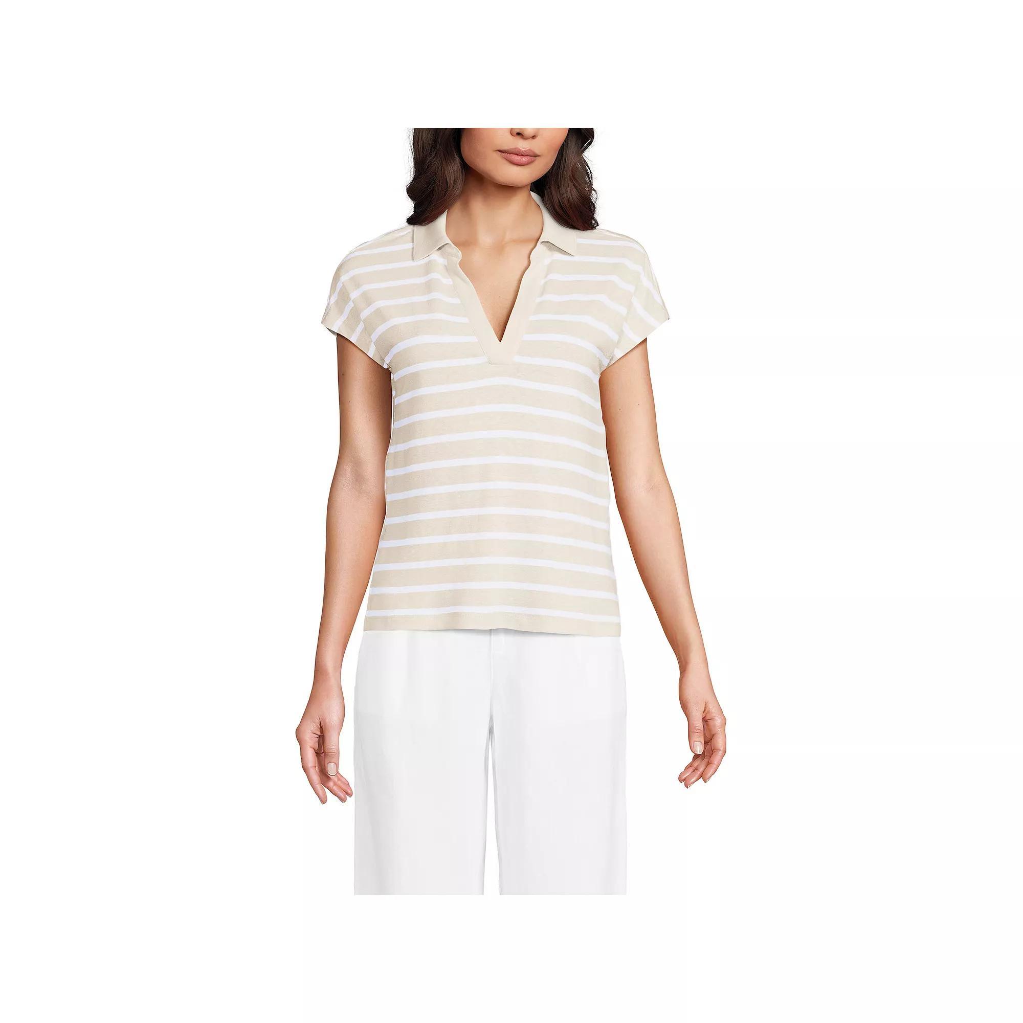 Women's Lands' End Linen Blend Johnny Collar Polo Shirt, Size: Medium, Brown Breton Stripe Product Image