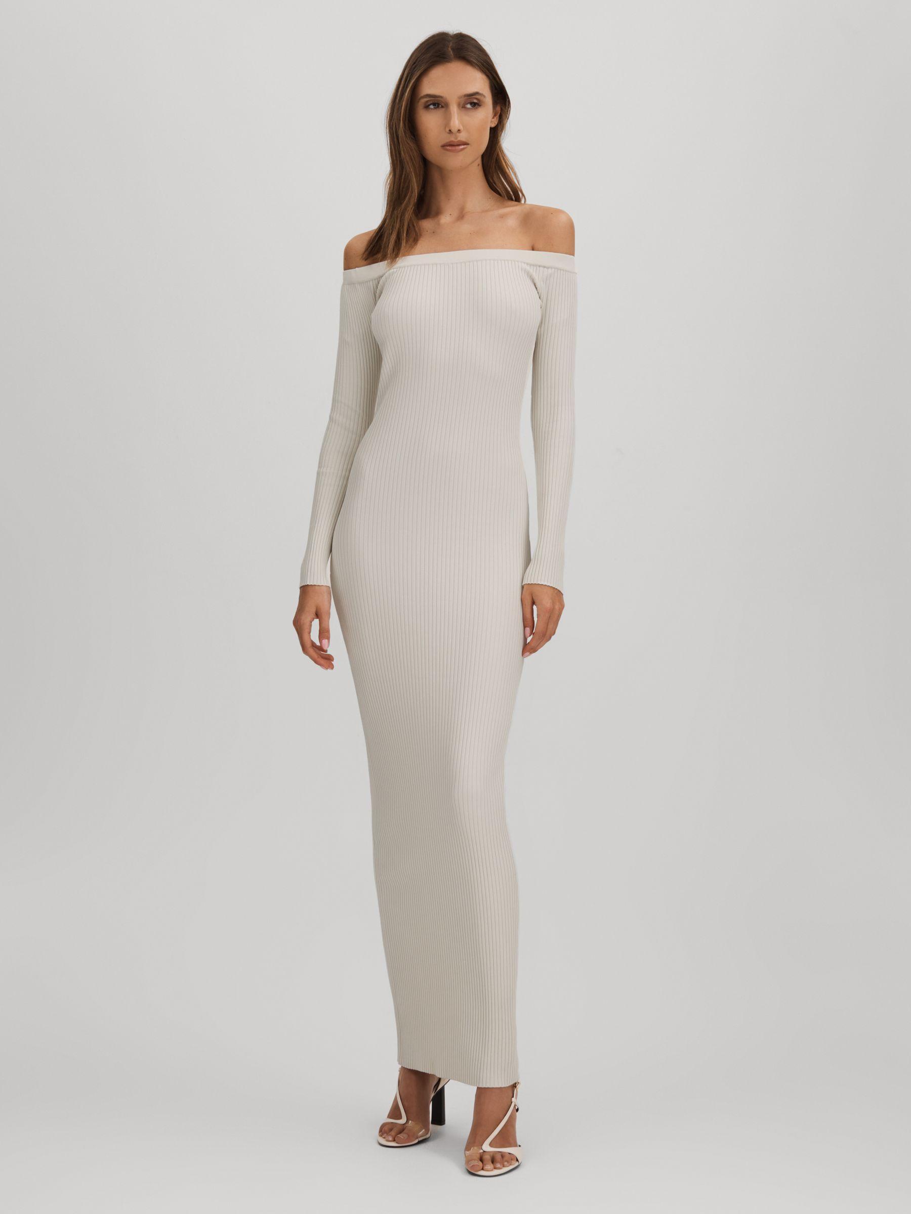 Good American Ribbed Off The Shoulder Maxi Dress in Cloud White Product Image