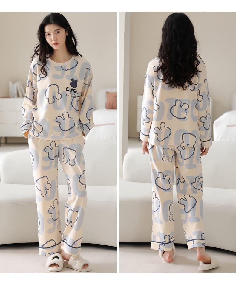 Loungewear Set : Long-Sleeve Rabbit Print Padded T-Shirt + Pants Product Image