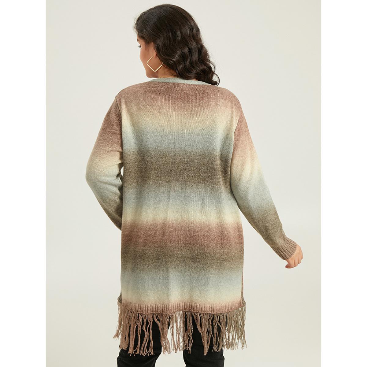 Plus Size Ombre Fringe Trim Open Front Cardigan Multicolor Women Casual Loose Long Sleeve Dailywear Cardigans BloomChic 12/L Product Image
