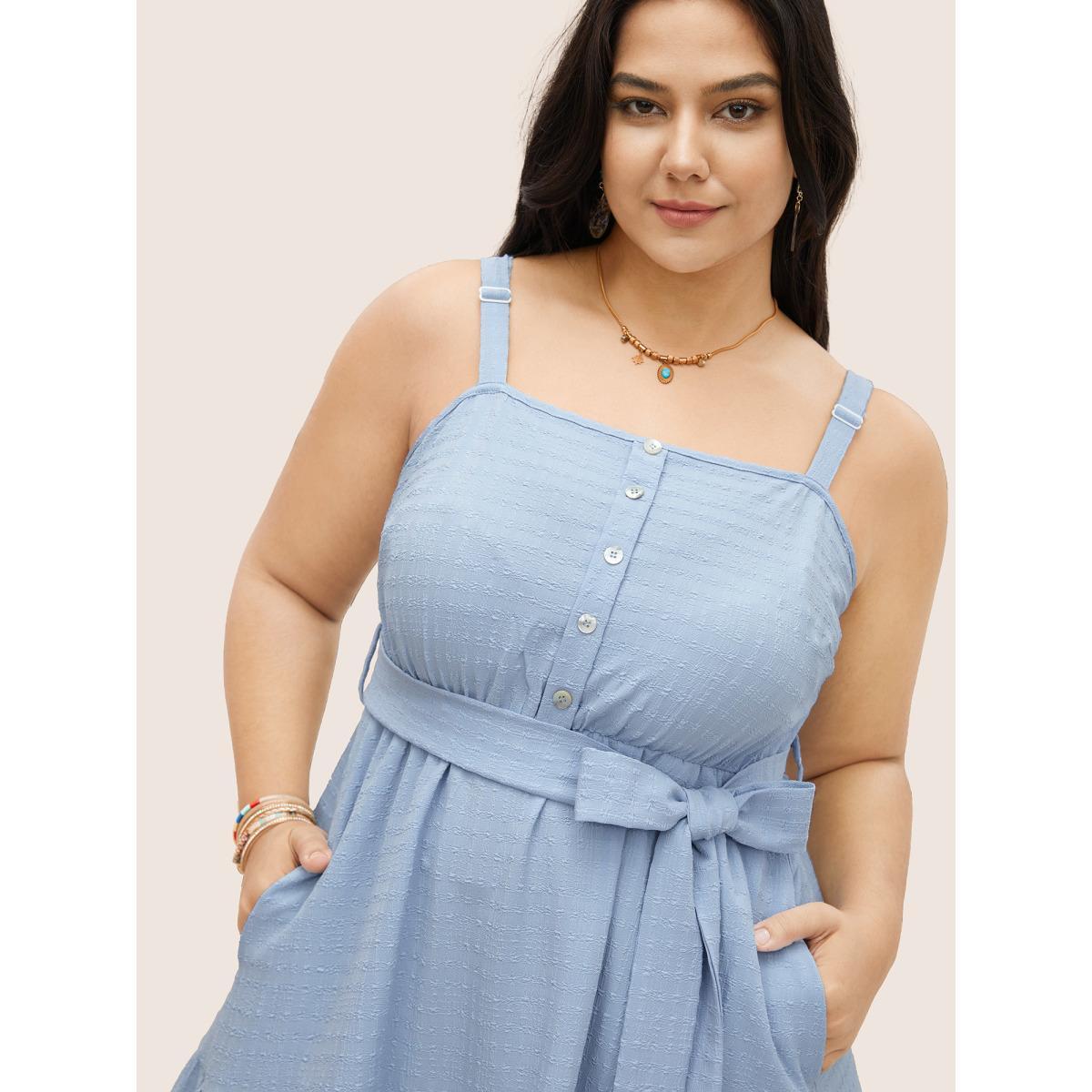 Plus Size Plain Textured Ruffle Layered Hem Belted Dress LightBlue Women Resort Texture Non Sleeveless Curvy Midi Dress BloomChic 30/6X Product Image