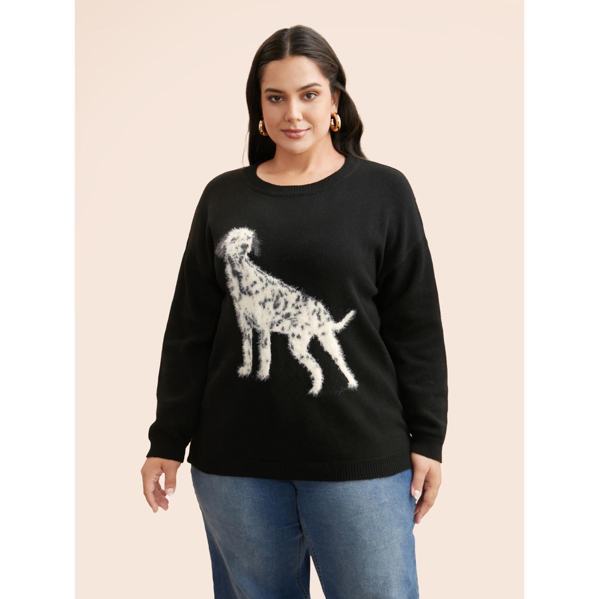 Plus Size Dog Jacquard Fluffy Drop Shoulder Pullover Black Women Casual Long Sleeve Round Neck Everyday Pullovers BloomChic 28/5X Product Image