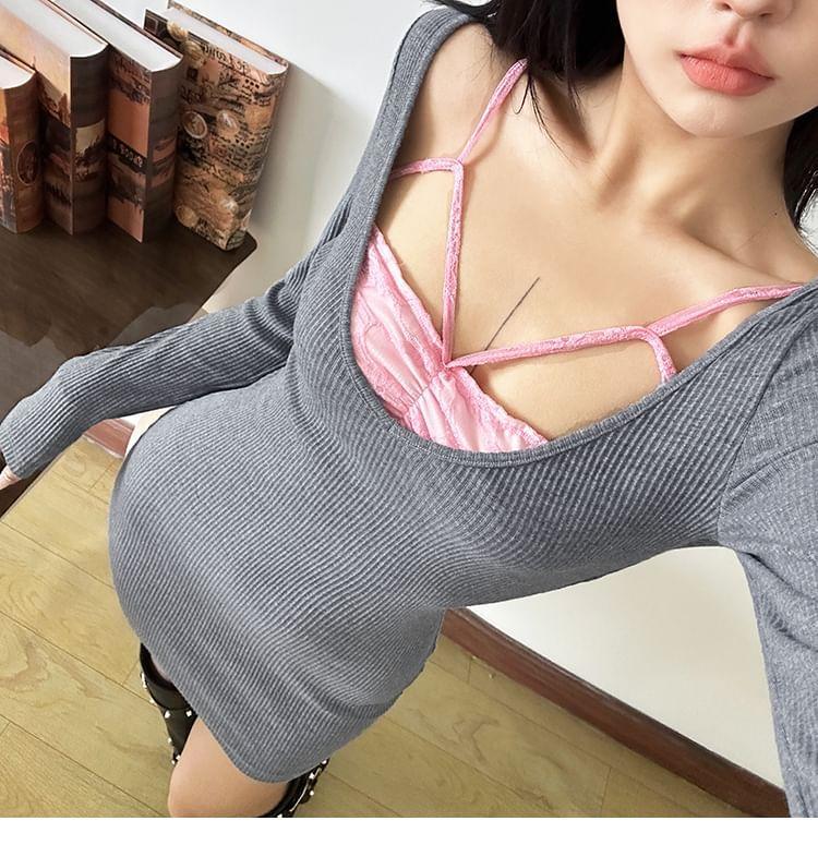 Long-Sleeve Two Tone Mock Two-Piece Mini Sheath Dress Product Image