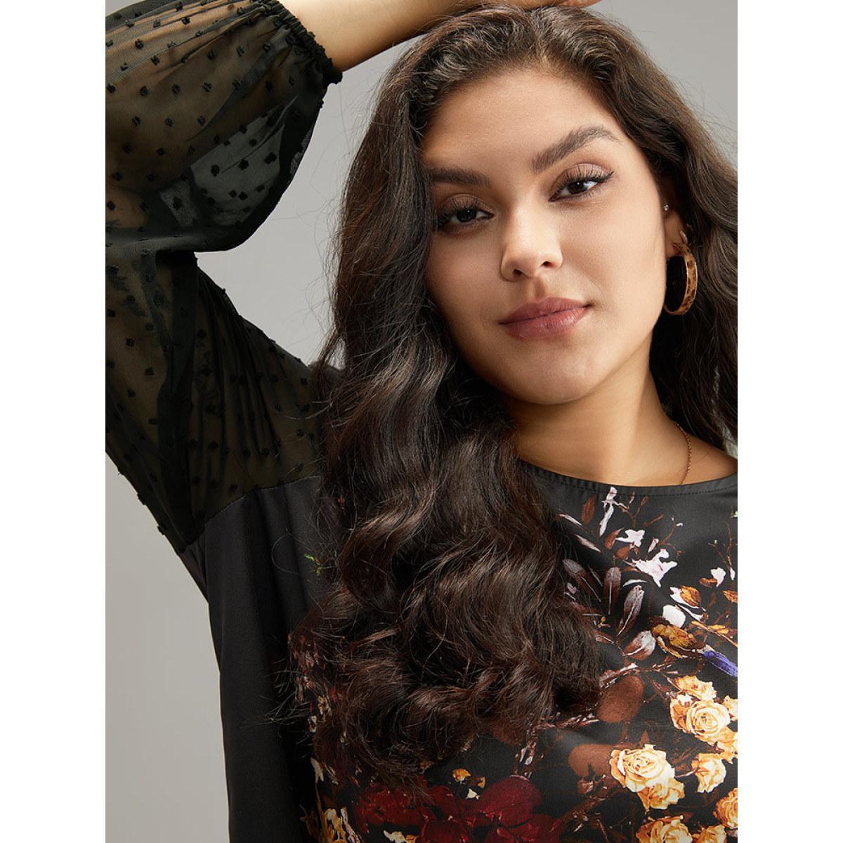 Plus Size Black Boho Print Patchwork Mesh Lantern Sleeve Blouse Women Elegant Long Sleeve Round Neck Dailywear Blouses BloomChic 12/L Product Image
