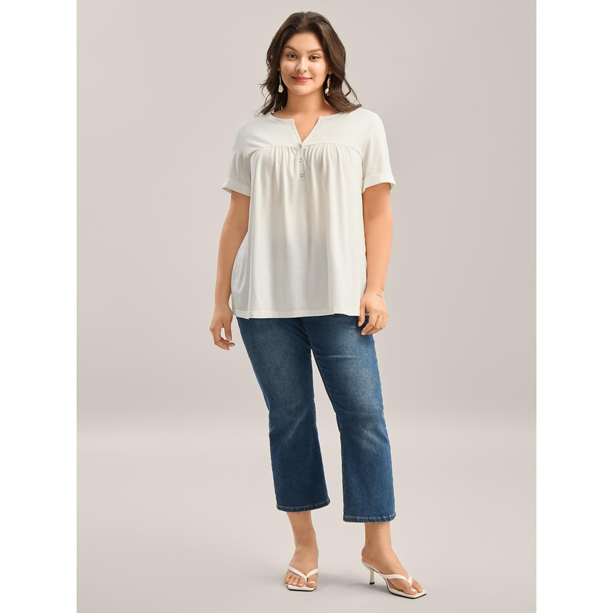 Plus Size Button Placket Split Neck Pleated T-Shirt Originalwhite Women Gathered Notched collar Vacation T-shirts BloomChic 28/5X Product Image