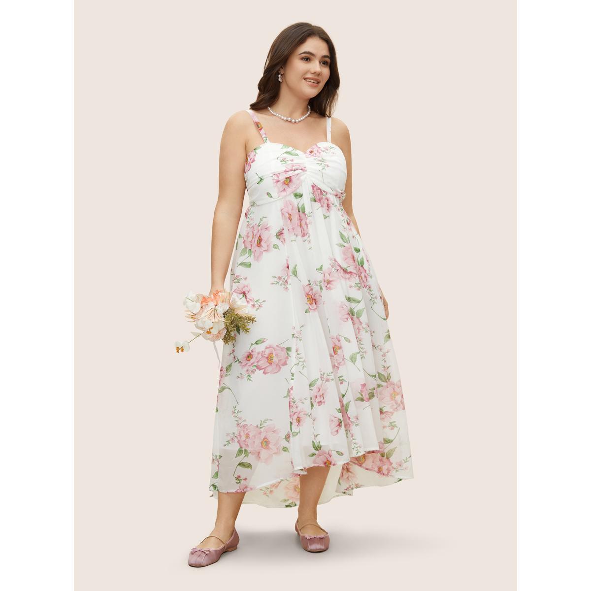 Plus Size Floral Mesh Ruched Adjustable Straps Dress Pink Women Formal Gathered Non Sleeveless Curvy BloomChic 18-20/2X Product Image