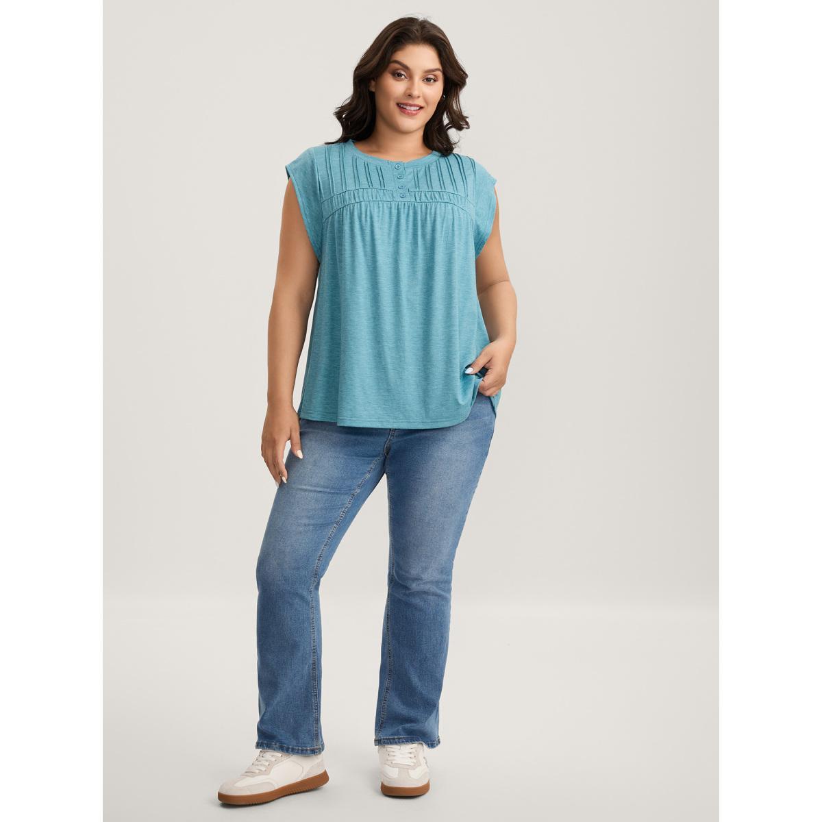 Plus Size Heather Pleated Buttons Placket Solid T-Shirt Cerulean Women Tucked seam Round Neck Everyday-Casual T-shirts BloomChic 14-16/1X Product Image