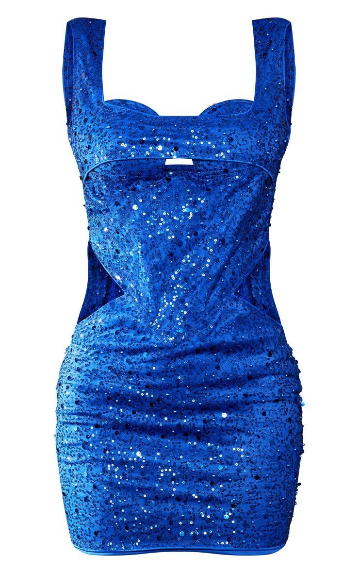 Cobalt Sequin Cut Out Cup Detail Thick Strap Bodycon Dress Product Image