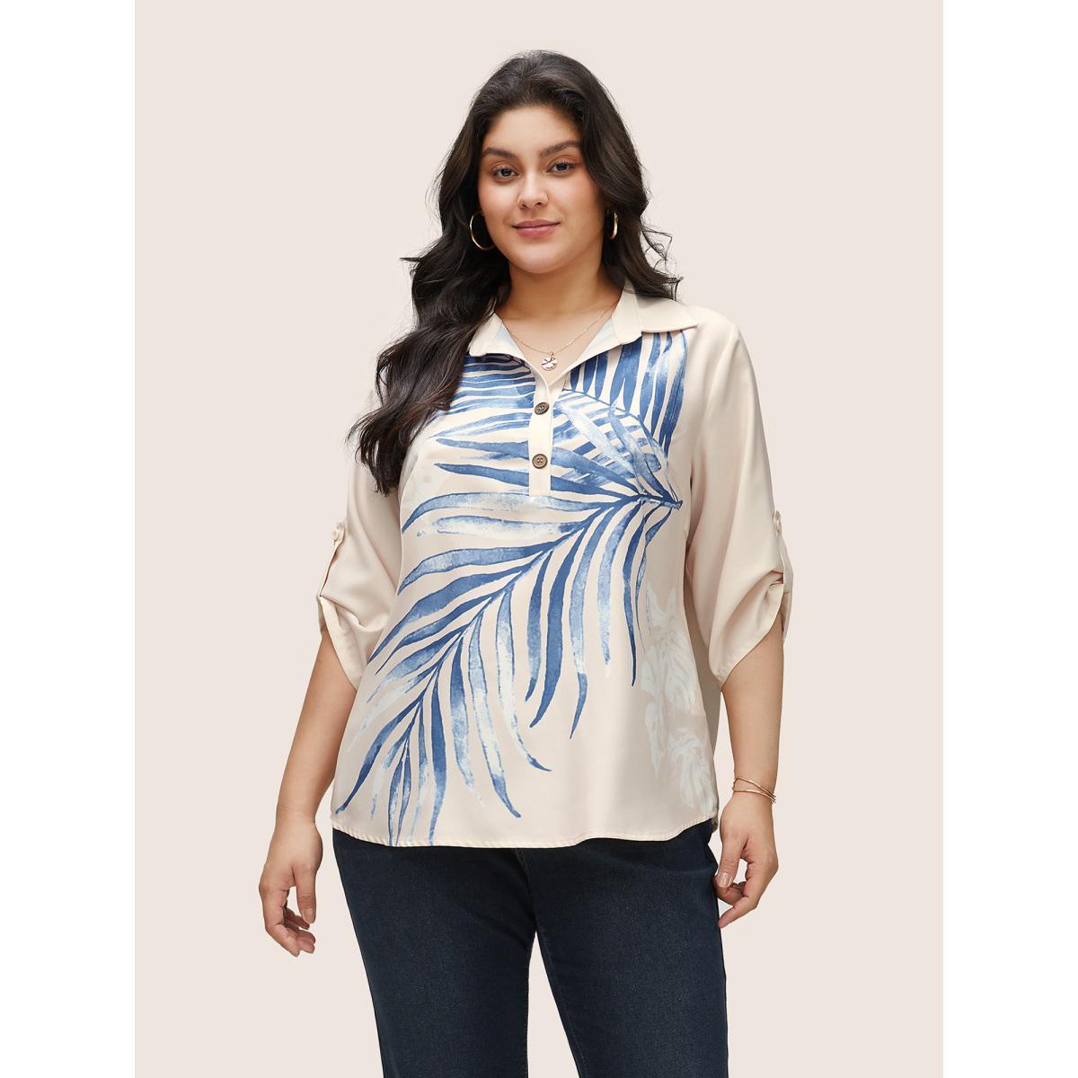 Plus Size Beige Tropical Print Button Up Tab Sleeve Blouse Women Casual Elbow-length sleeve Shirt collar Everyday Blouses BloomChic 28/5X Product Image