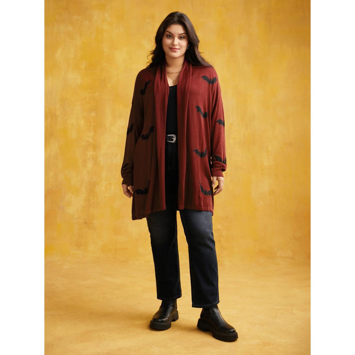 Plus Size Supersoft Essentials Halloween Bat Pattern Lapel Collar Cardigan Rust Women Casual Loose Long Sleeve Festival-Halloween Cardigans BloomChic 14-16/1X Product Image