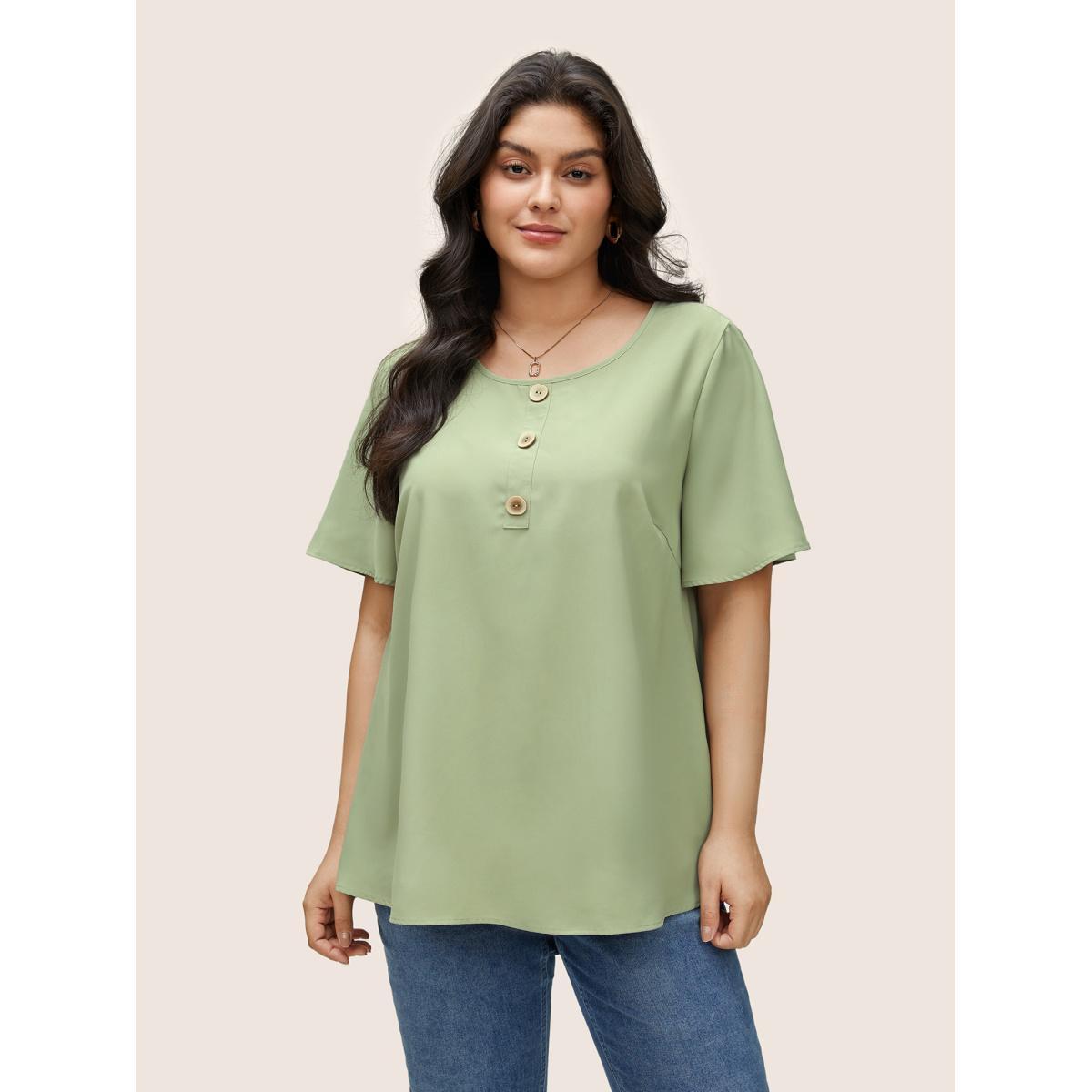 Plus Size Mint Static-Free Solid Button Detail Flutter Sleeve Blouse Women Casual Short sleeve Round Neck Everyday Blouses BloomChic 18-20/2X Product Image