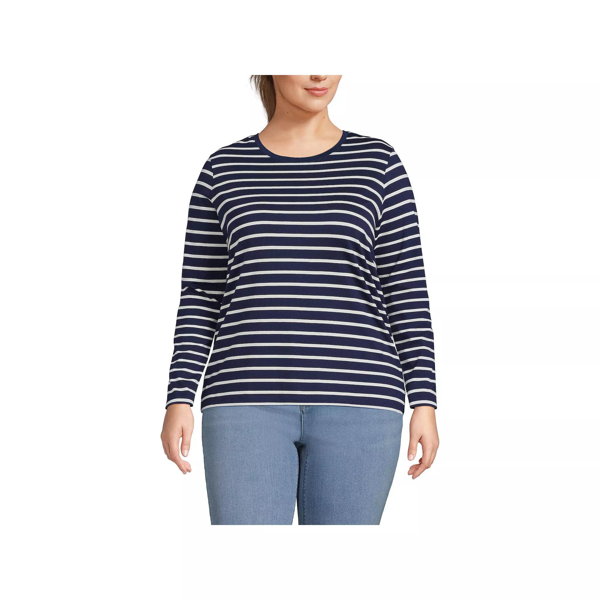 Plus Size Lands' End Long Sleeve Relaxed Supima Cotton Crewneck Tee, Women's, Size: 1XL, Ivory Black Stripe Product Image