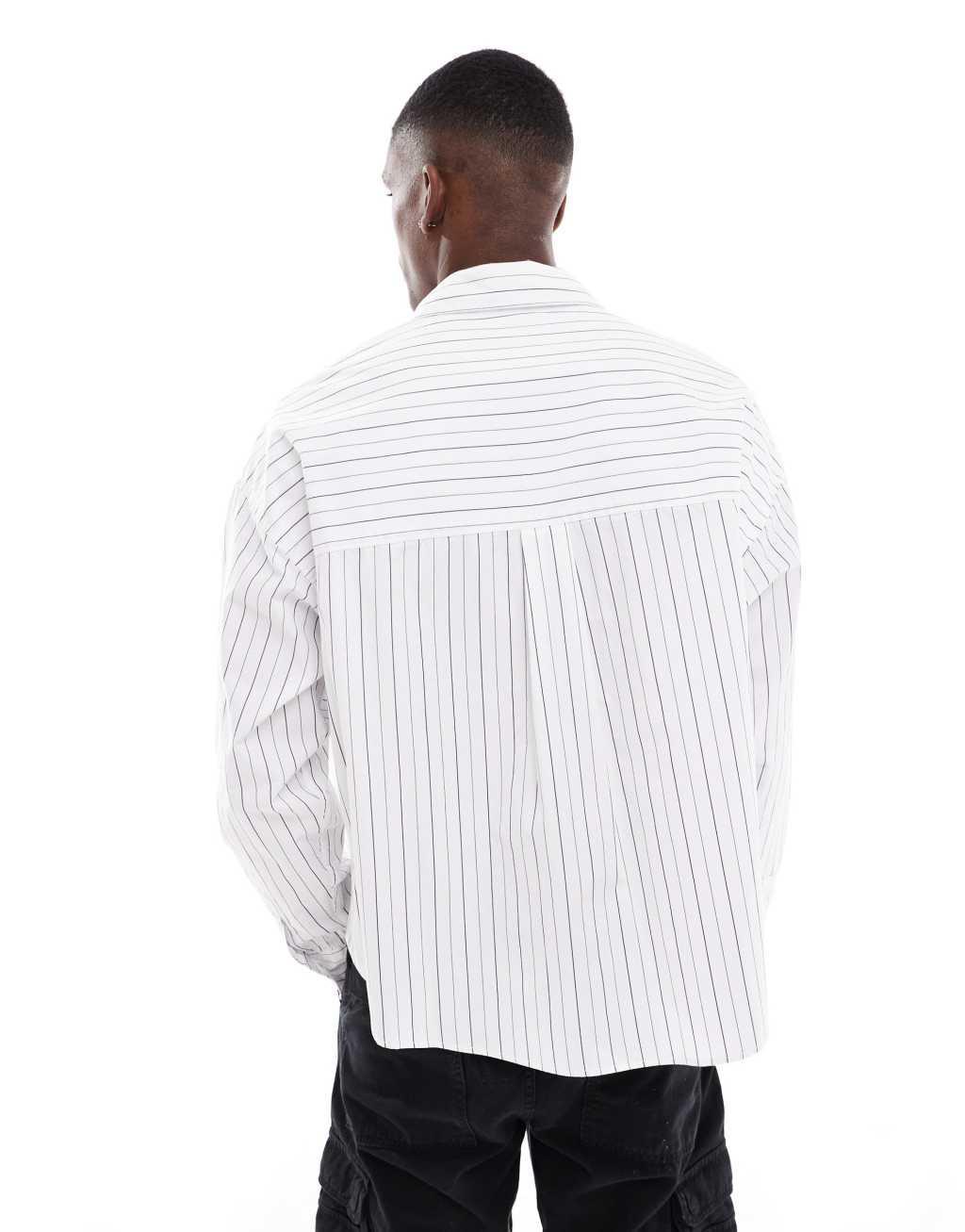 Pull&Bear long sleeve boxy fit stripe shirt in white Product Image