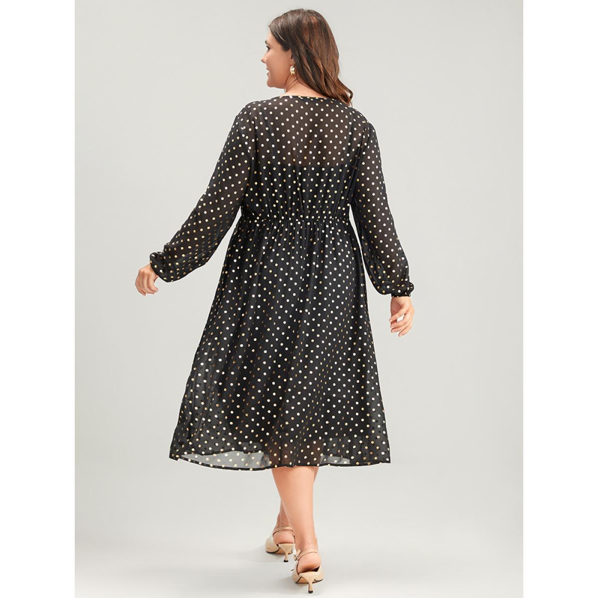 Plus Size Polka Dot Mesh Lantern Sleeve Flutter Round Neck Midi Dress Black Women Party See through Round Neck Long Sleeve Curvy Midi Dress BloomChic 28/5X Product Image