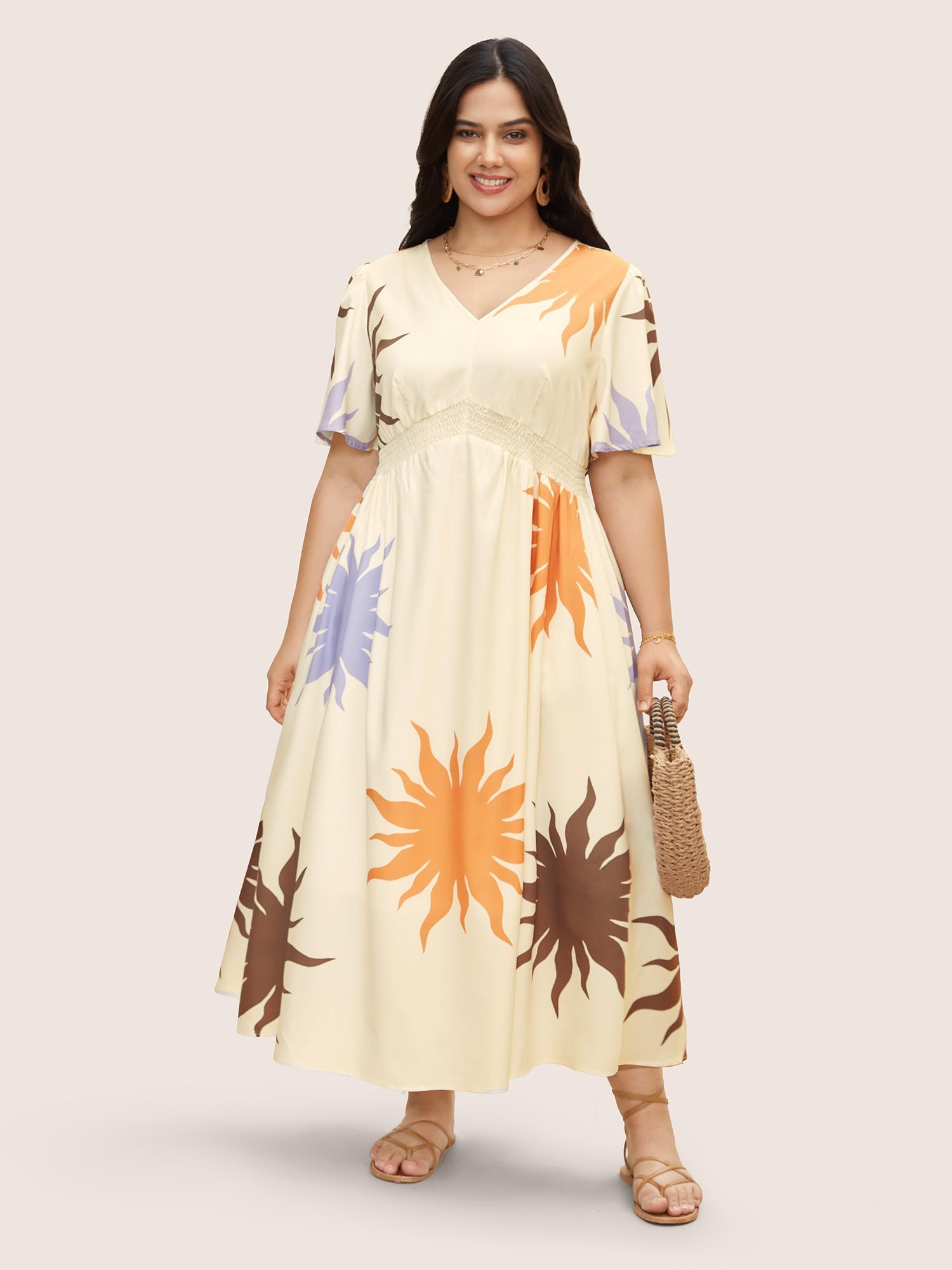 Plus Size Sun Print Shirred Ruffle Sleeve Dress WhiteSmoke Women Resort Shirred V-neck Short sleeve Curvy BloomChic 22-24/3X Product Image